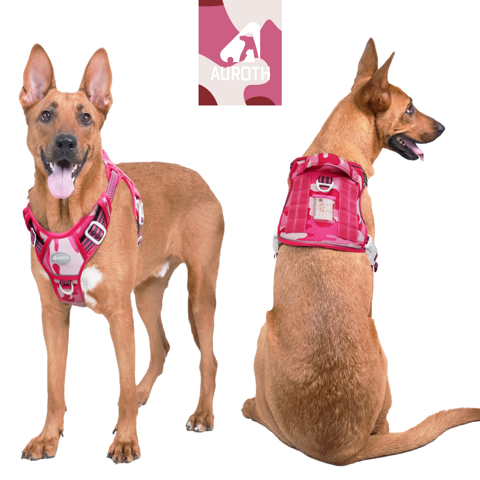 Auroth Tactical Dog Harness For Small Medium Large Dogs No Pull Adjustable Pet Harness Reflective K9 Working Training Easy Control Pet Vest Military Service Dog Harnesses Extra Large, Pink Camo