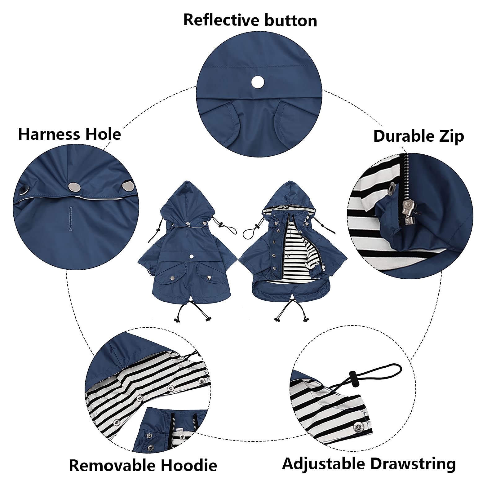 Morezi Dog Zip Up Dog Raincoat With Reflective Buttons, Rain/Water Resistant, Adjustable Drawstring, Removable Hood, Stylish Premium Dog Raincoats - Size Xs To Xxl Available - Dark Blue - L