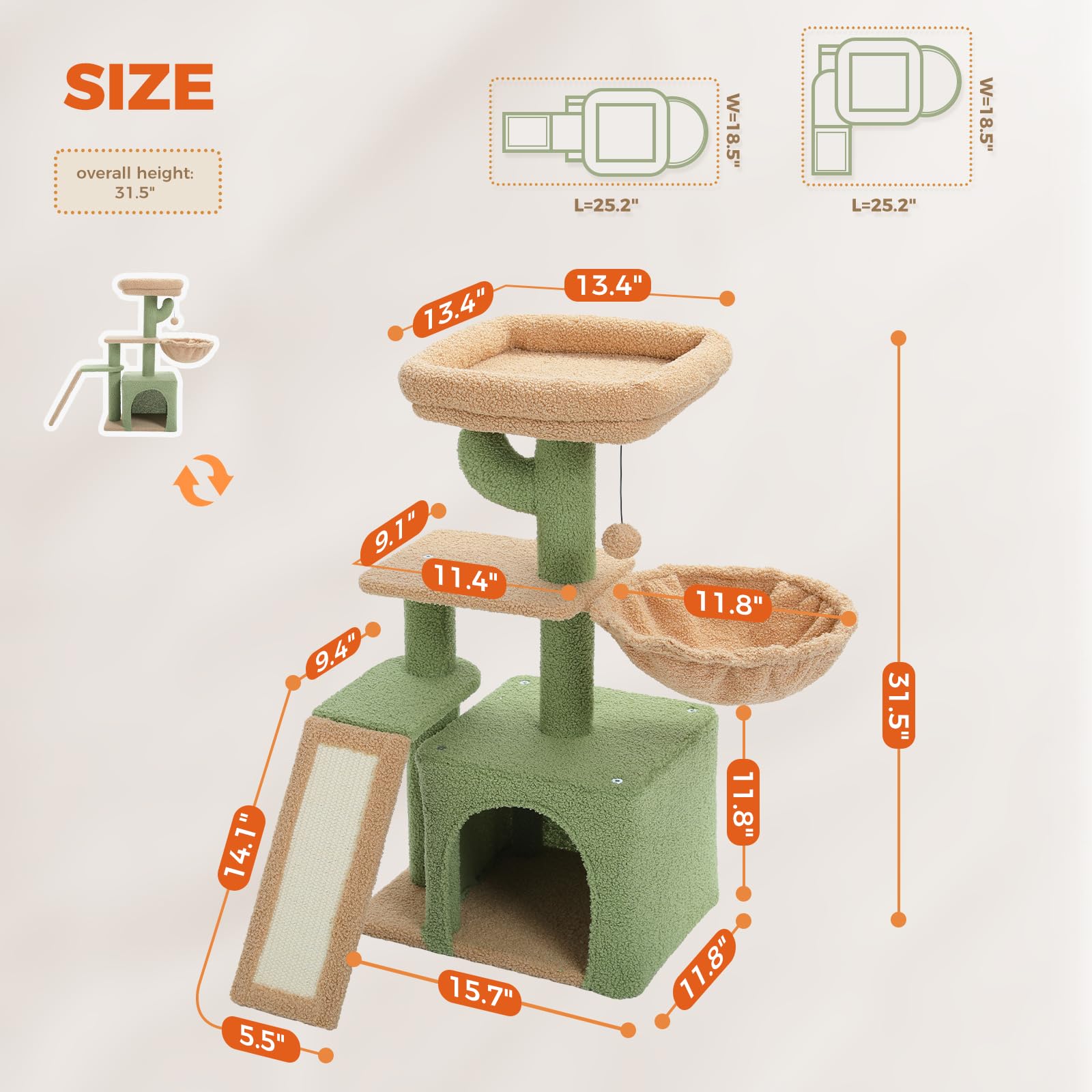 Petepela Cactus Cat Tree For Indoor Cats, 32'' Small Cat Tower Cat Condo With Sisal Scratching Ramp, Cozy Hammock And Removable