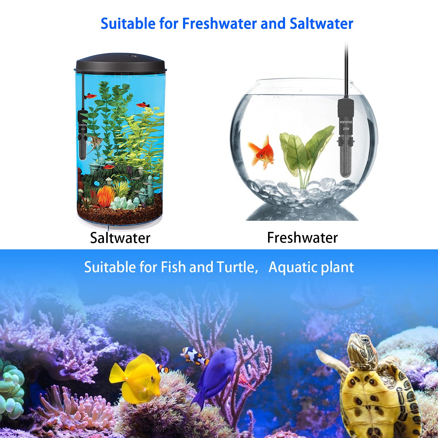 Yofoths Adjustable Mini Aquarium Heater3-5 Gallons Submersible Small Fish Tank Heater 25W Digital Display Thermostat External Temperature Controller (25W)