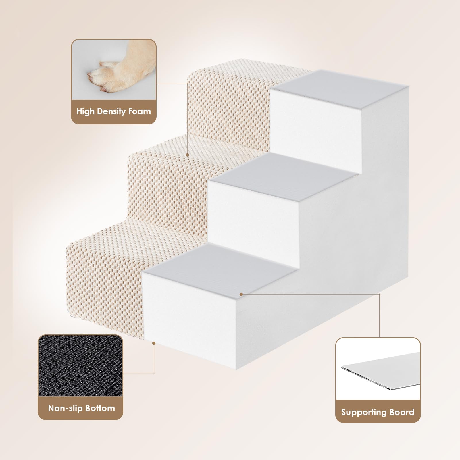 Eheyciga Dog Stairs For Small Dogs 13.5' H, 3-Step Dog Steps For Couch Sofa And Chair, Pet Steps For Small Dogs And Cats, Non-Slip Balanced Dog Indoor Ramp, Beige