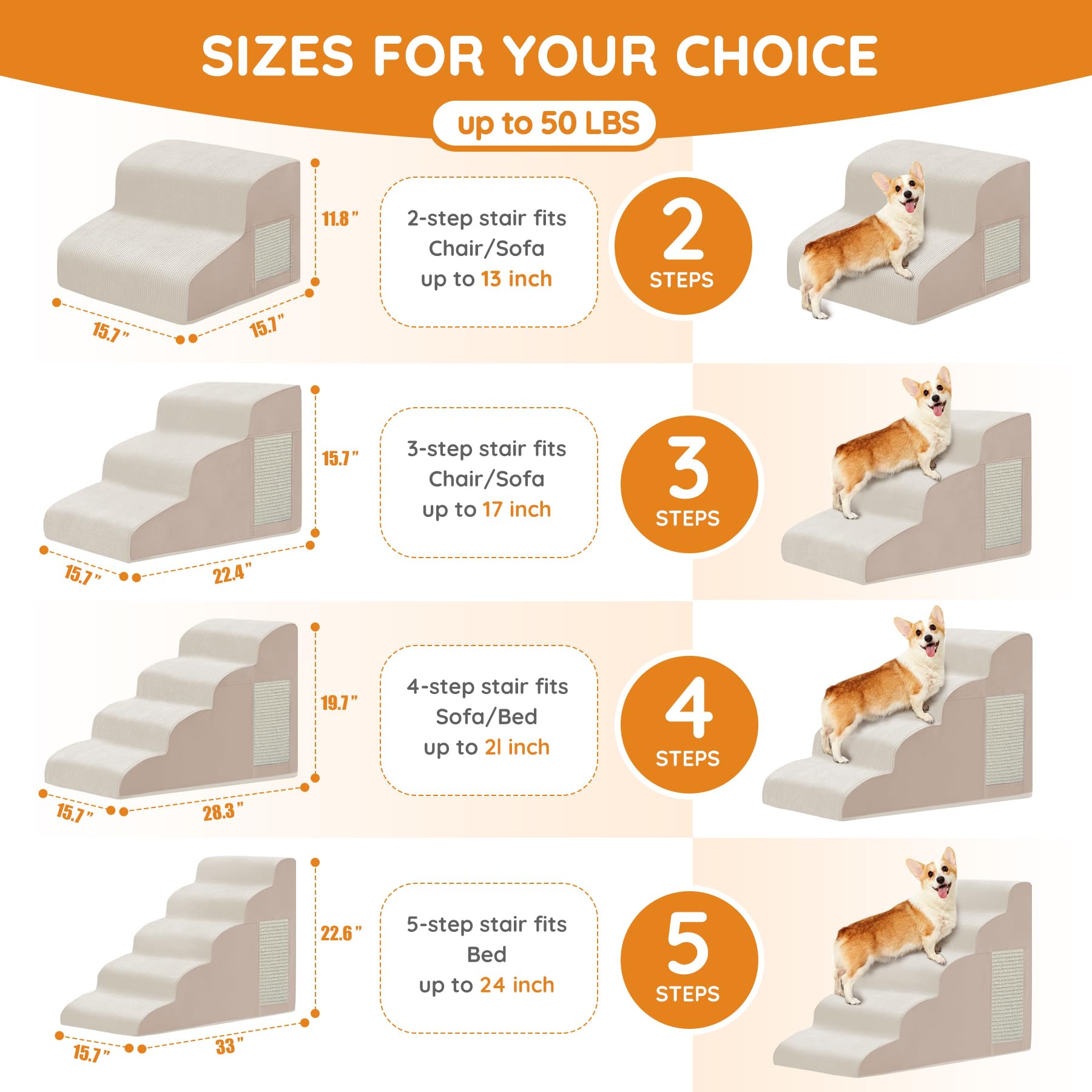 Dogs Steps For Bed, Dog Stairs For Small Dogs, 4-Step Dog Ramp For Bed, Couch, Sofa, And Chairs, Non-Slip Bottom Design, Cat Scr