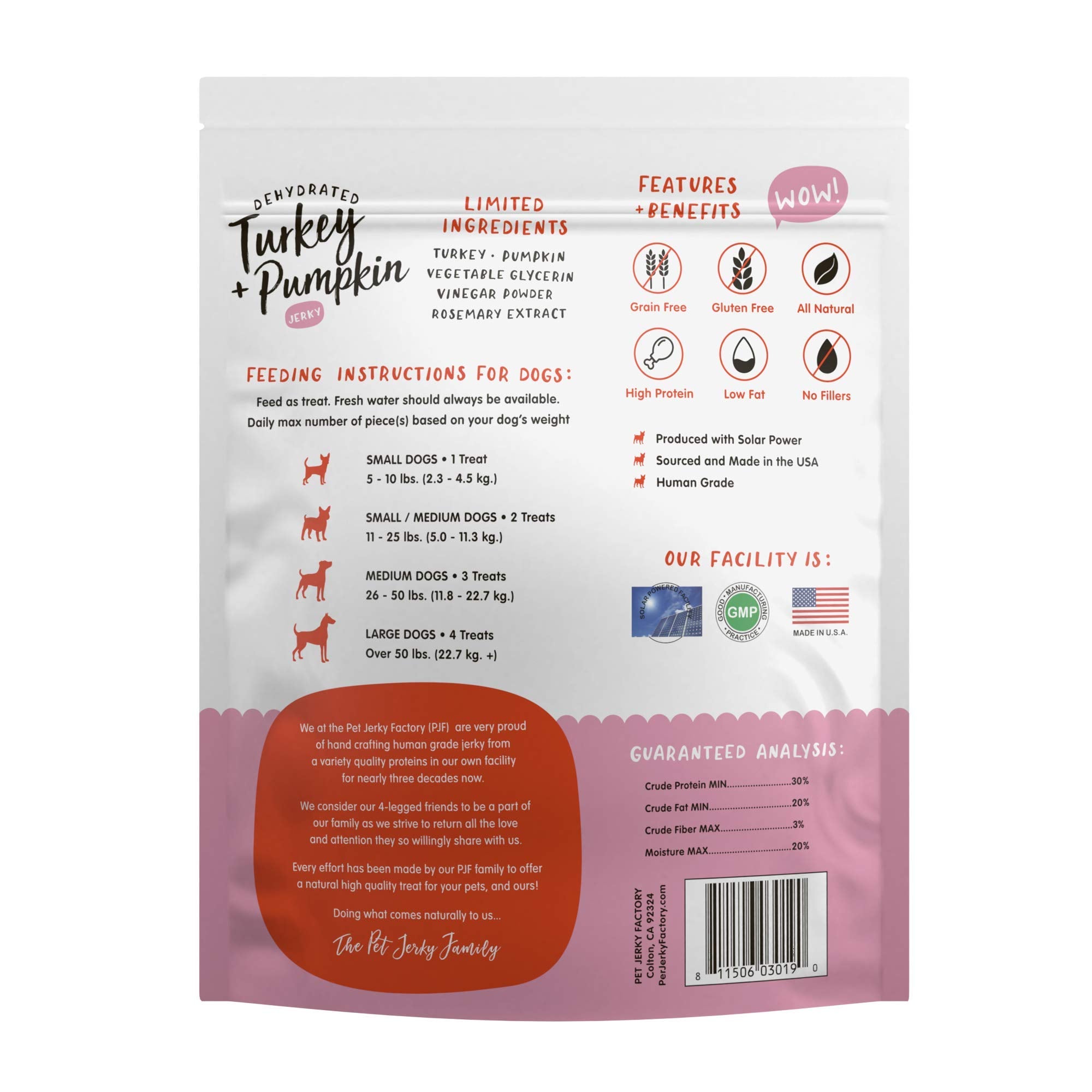 Pet Jerky Factory Premium Dog Treats | 100% Human Grade | USA Made | Grain Free | Turkey and Pumpkin, 12 oz.