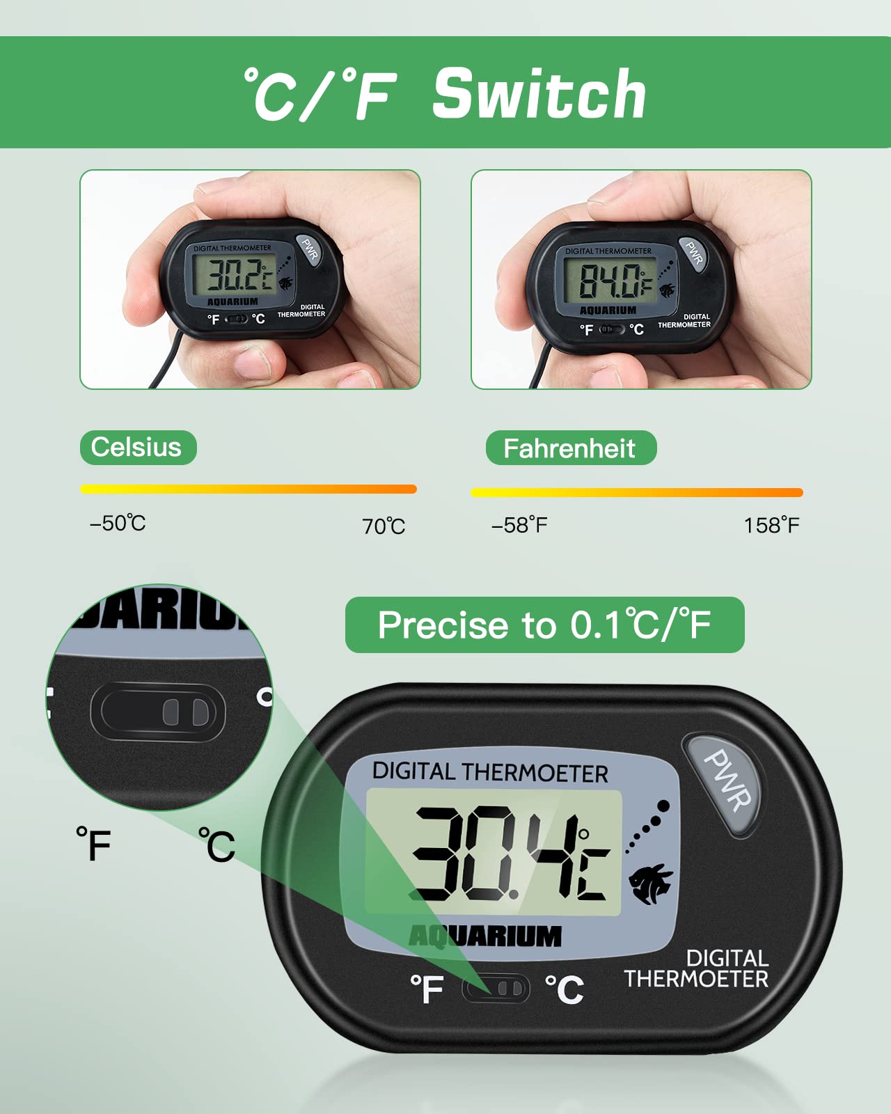Zacro Digital Aquarium Thermometer, Fish Tank Thermometer, Water Thermometer With Large Lcd Display, Reptile Thermometer For Fis