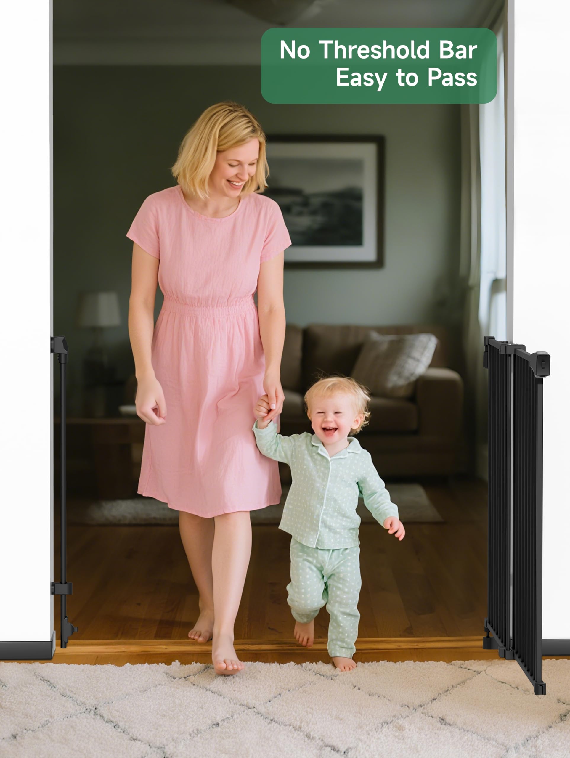 29.5-43 No Bottom Bar Baby Gate for Stairs, Auto Close Baby Gates for Doorways, Hardware Mounted, Dog/Pet Gate Indoor with Extra