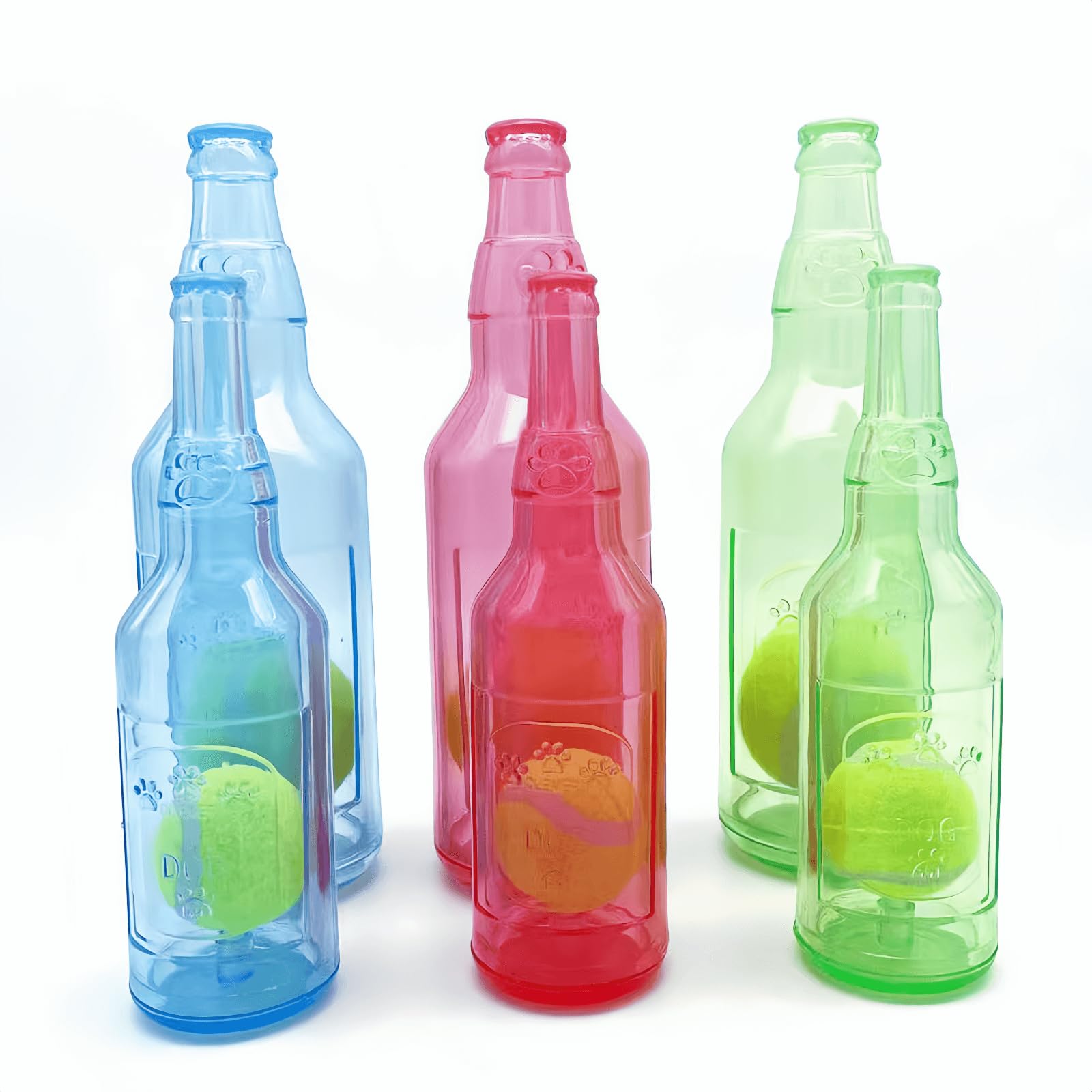 Cute Tough Dog Toy Rubber Bottle Squeaky Dogs Chew Toy Long Lasting Interactive Fetch Toy For Teething Tennis Ball Included (Red
