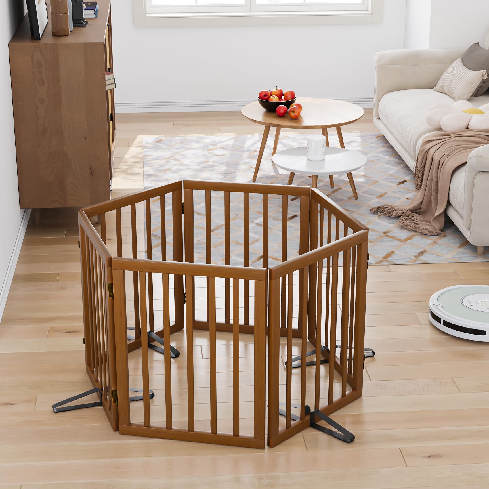 Freestanding Pet Gate Foldable Dog Gate (110 inches Wide) Walnut Bamboo Dog Gates for Stair Doorways House Puppy Fences Indoor (
