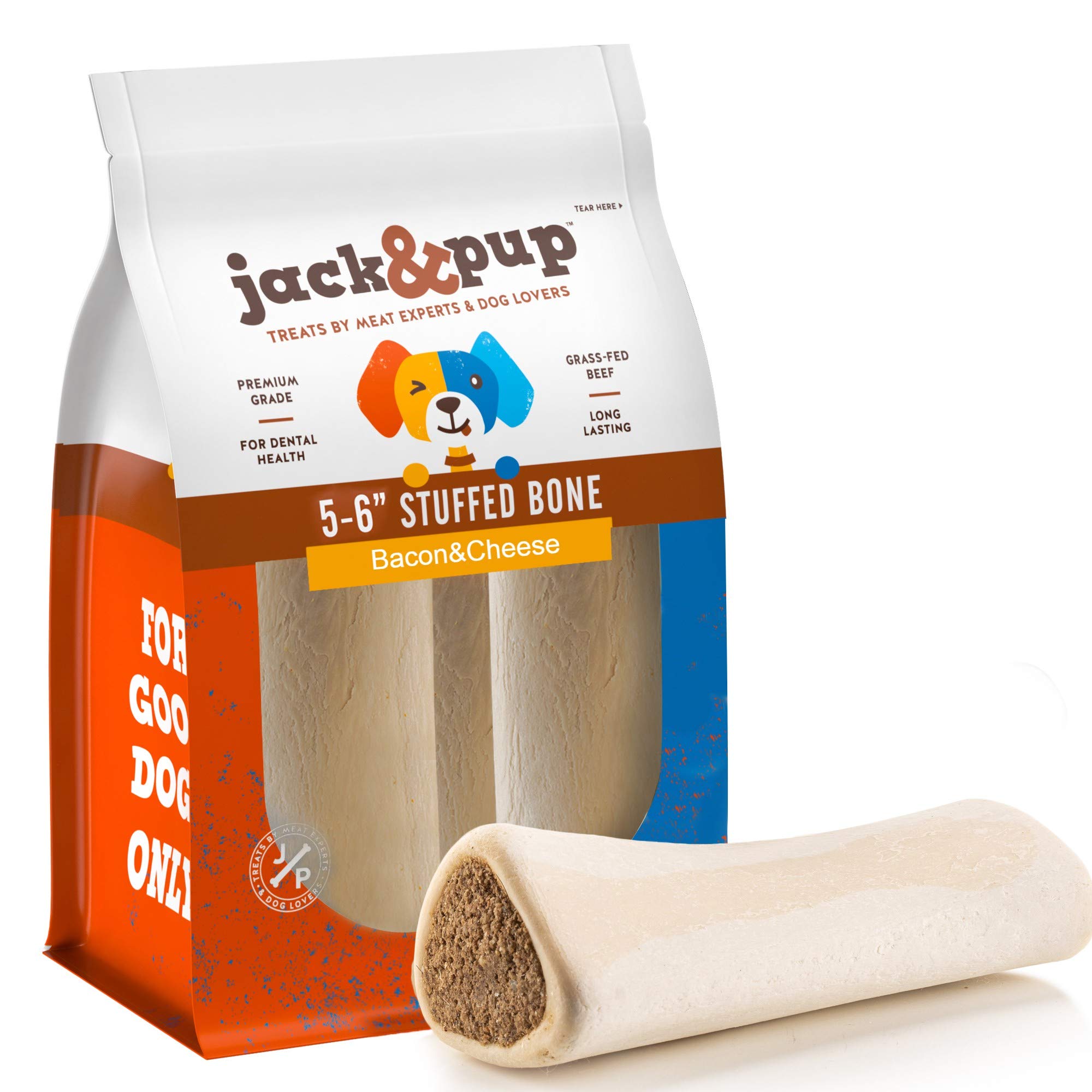 Jack&Pup 5-6 Filled Dog Bones for Large Dogs, Flavored Shin Dog Bones Long Lasting, Stuffed Bone for Dogs, High Protein, Bacon a