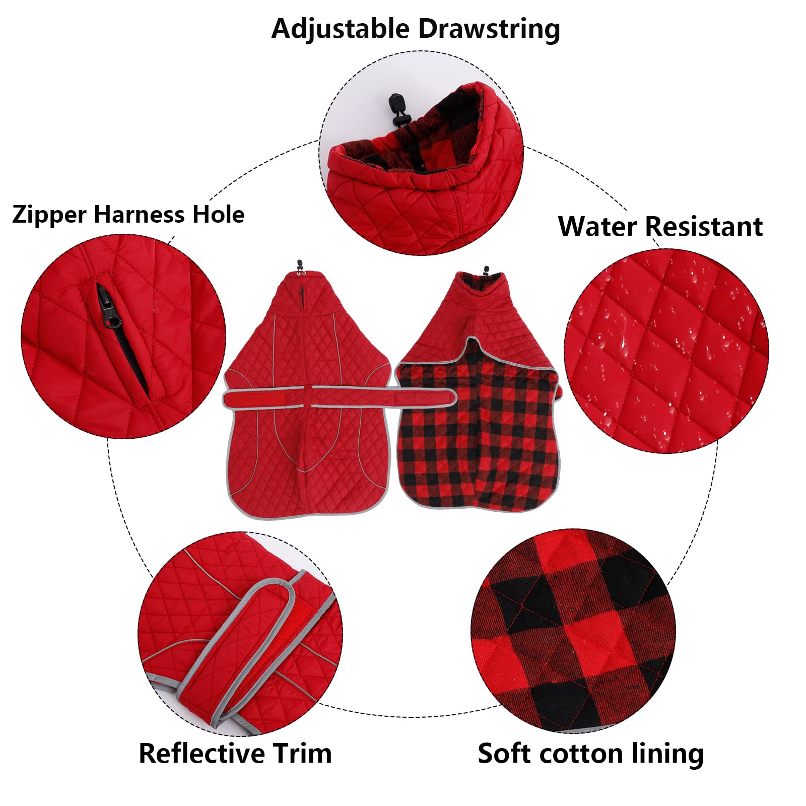 Greyhound Winter Coat, Whippet Coat With Padded Fleece Lining, Water Resistant Dog Jacket With Hook And Loop Closure And Reflective Trim Safety - Red - Medium