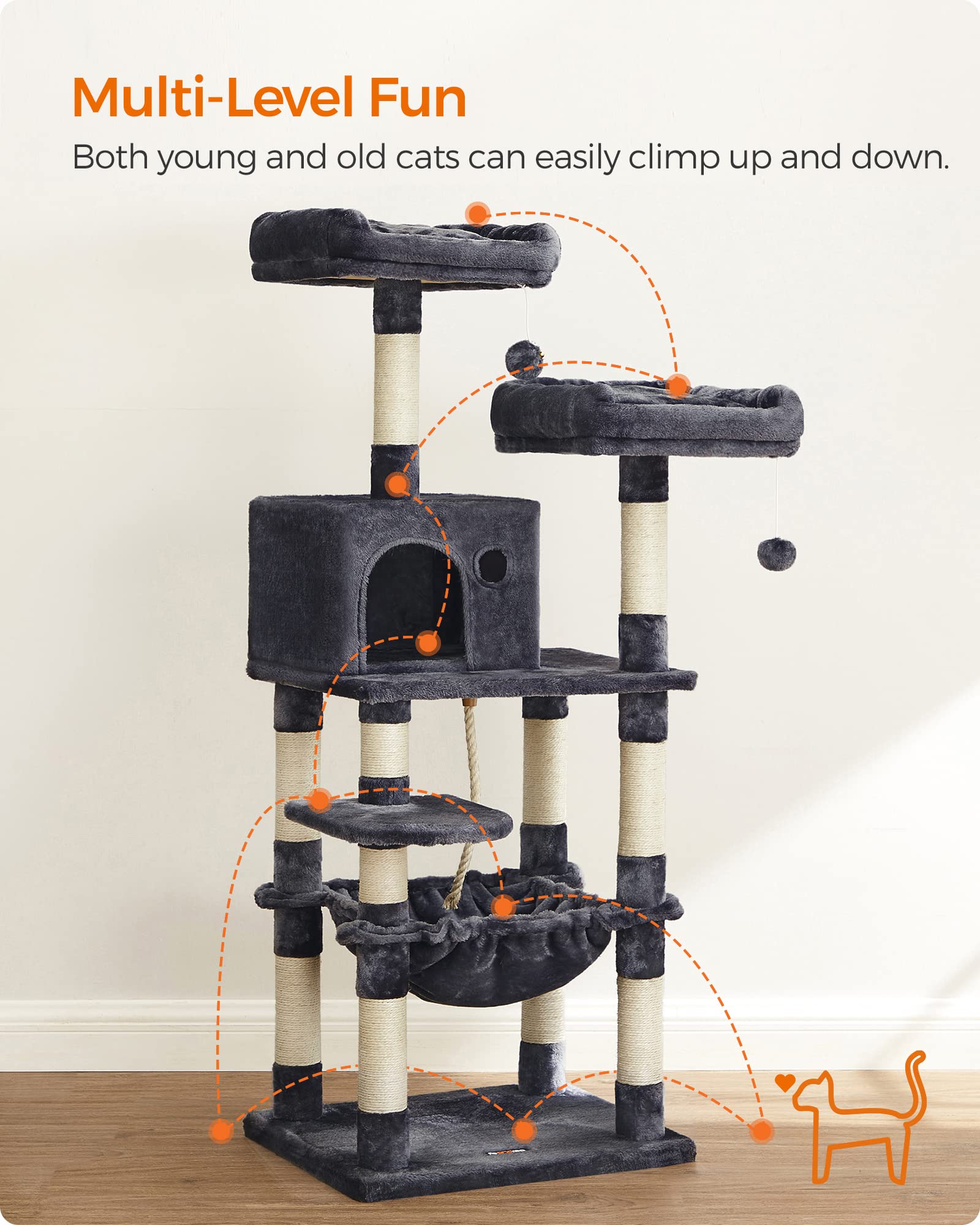 Feandrea Cat Tree, Cat Tower For Indoor Cats, 56.3-Inch Cat Condo With Scratching Posts, Hammock, Plush Perch, Smoky Gray Upct15