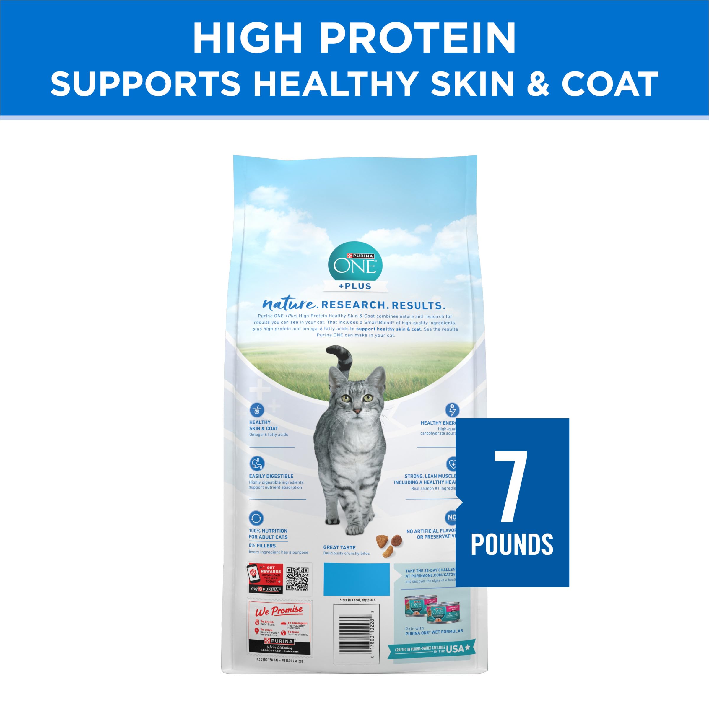 Purina ONE Plus High Protein Cat Food Dry Salmon and Ocean Whitefish Cat Skin and Coat Health Formula - 7 lb. Bag