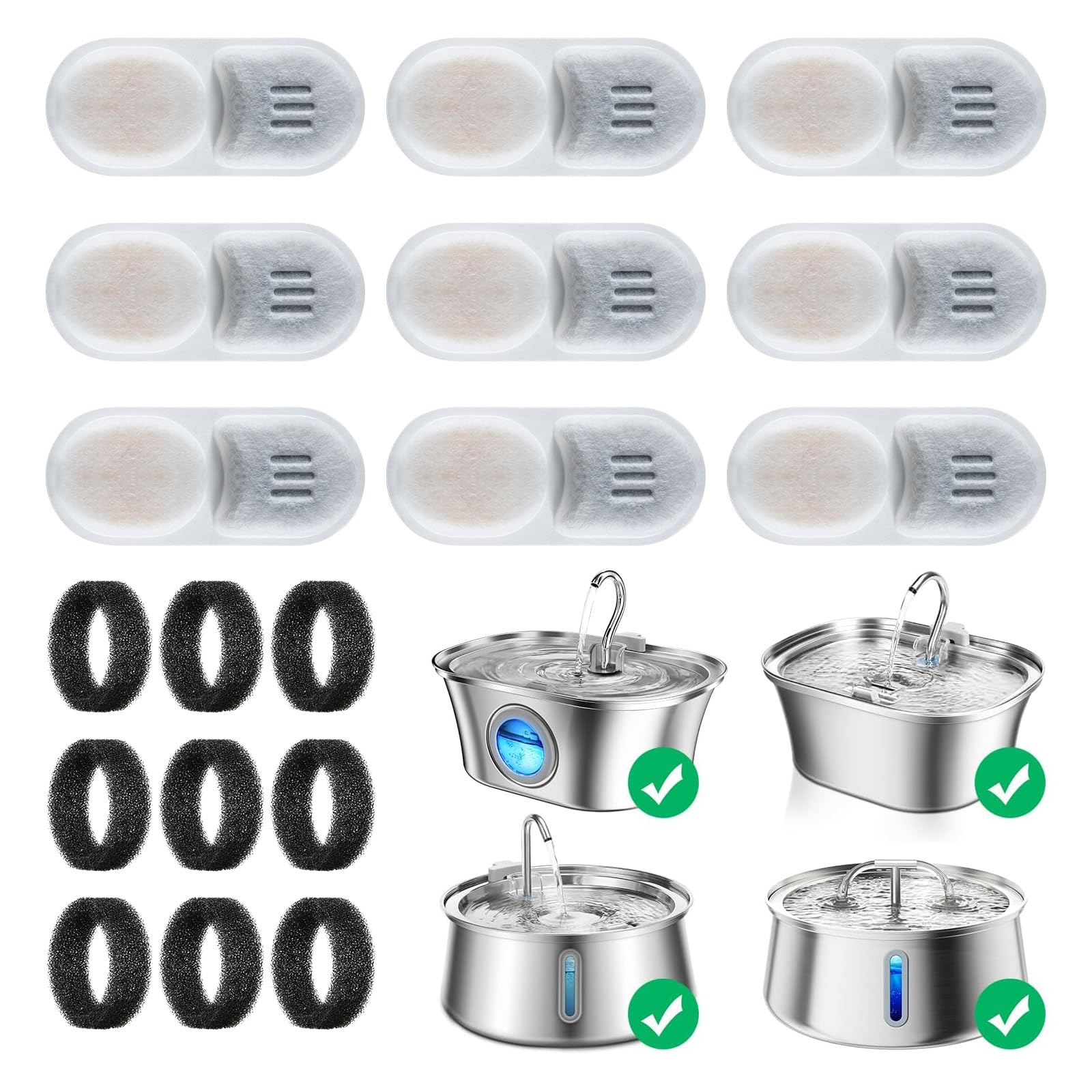 Hicc Pule 9 Packs Cat Water Fountain Replacement Filters & Sponges For Hicc Pule Stainless Steel Cat Water Fountain
