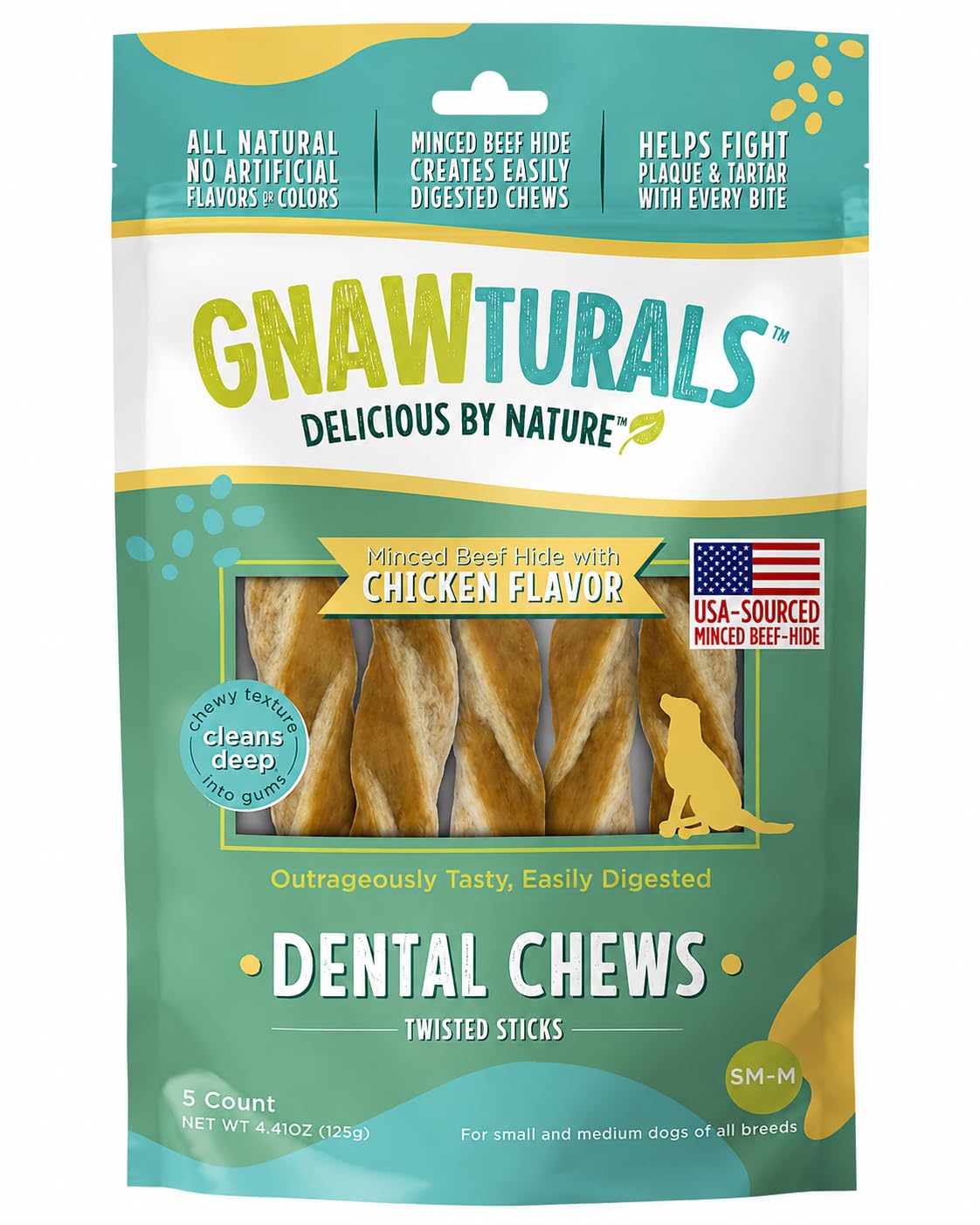 Gnawturals Dental Chews Twisted Sticks | for Medium and Large Dogs | USA Sourced Beef-Hide | Natural Scrubbing Action Fights Pla
