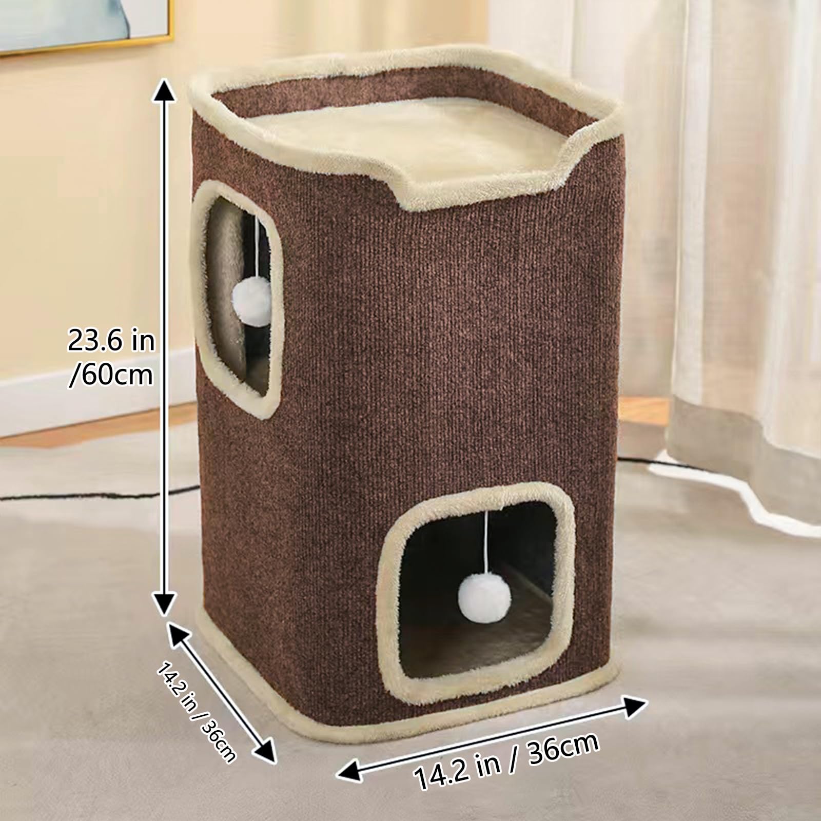 Pempet Cat House For Indoor Cats Beds, Multi-Level Cat Condo Foldable Cat Cave Coffee, 2L