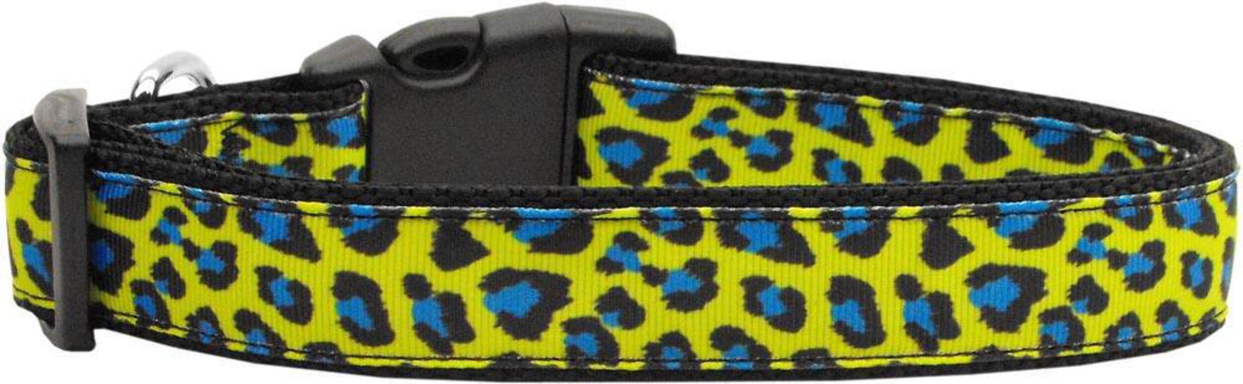 Pet Dog & Cat Nylon Collar or Leash, &quot;Blue and Yellow Leopard Print&quot; MD Narrow Collar
