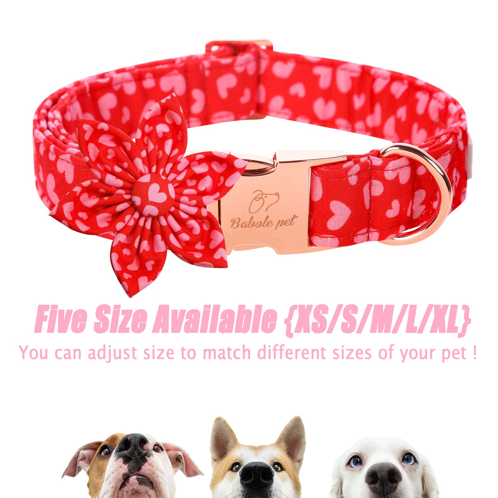 Babole Pet Valentine'S Day Dog Collar With Flower Tie, Pink Red Love Male Dog Collar With Safety Metal Buckle Adjustable Puppy Collars For Small Medium Large Boy & Girl Dog,Xs-Neck 8'-12'