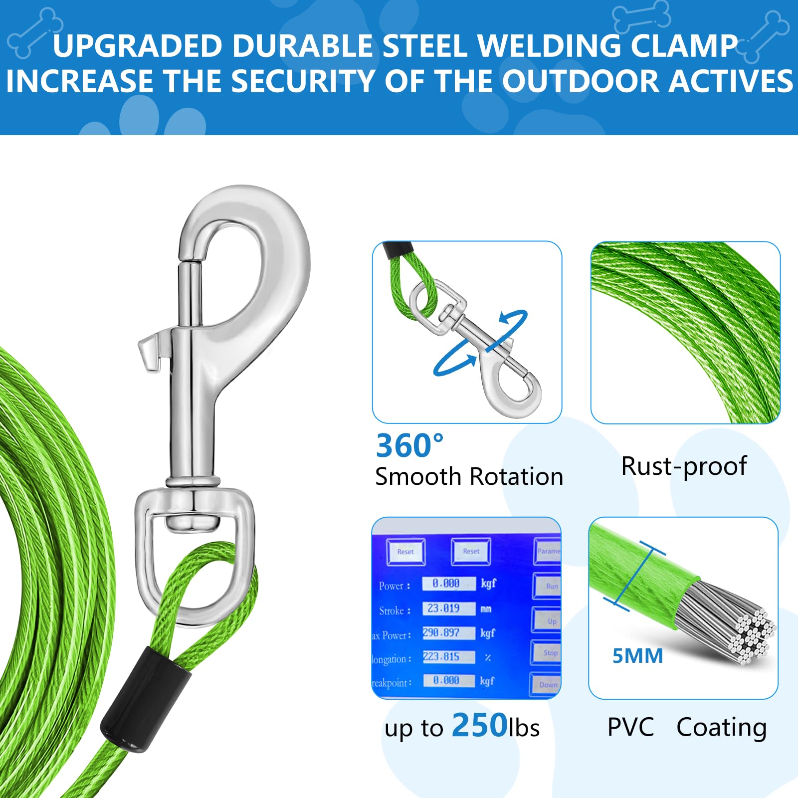 50Ft Dog Lead Up To 250 Pounds - Heavy Duty Dog Runner For Yard, Outdoor And Camping, Green