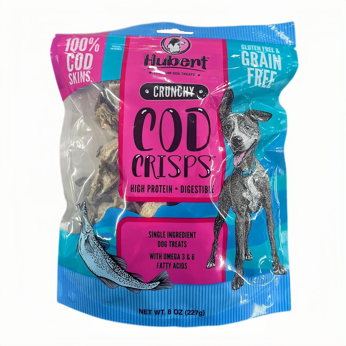 Hubert Pet Premium Cod Skin Crisps - Single Ingredient Gourmet Dog Treats, 8 oz Resealable Trial Size Bag
