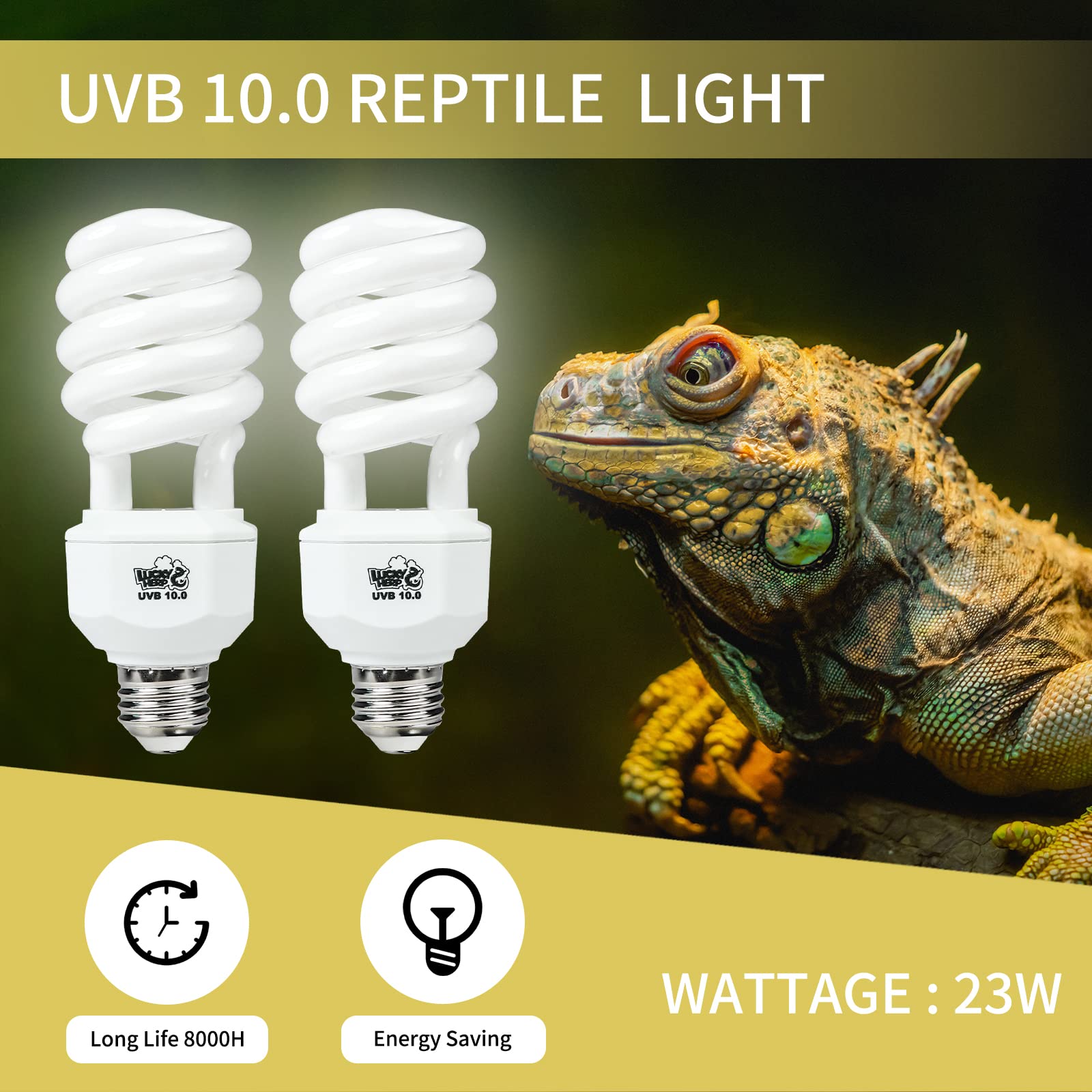 LUCKY HERP 2 Pack UVA UVB Reptile Light, 23W 10.0 UVB Bulb for Desert Reptiles, Compact Fluorescent Terrarium Lamp, Reptile UVB
