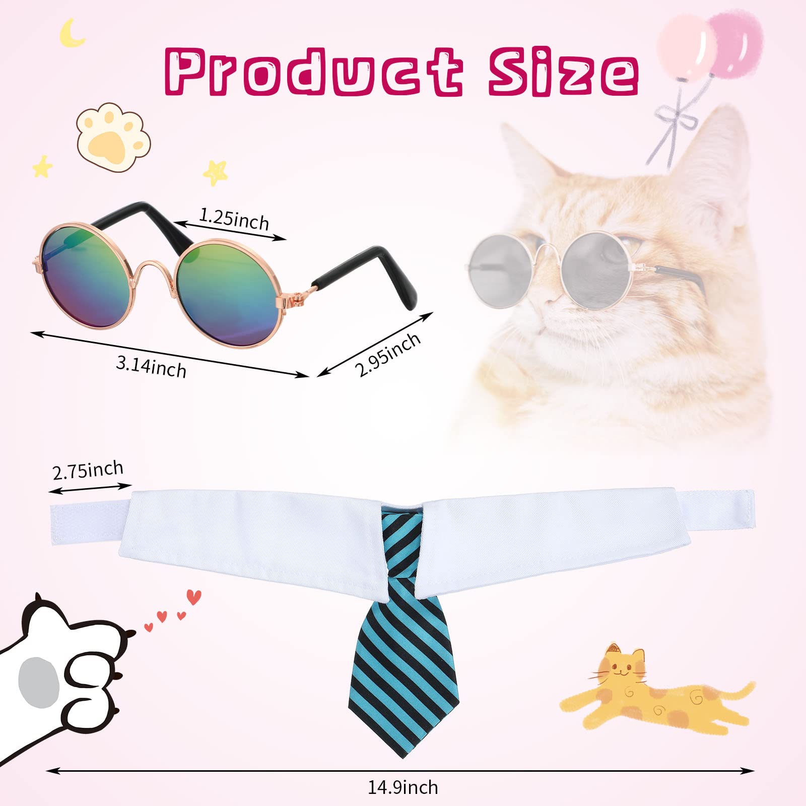 Weewooday 8 Pcs Pet Dog Cat Costume Cat Tie Collar Glasses for Small Dog Round Metal Retro Sunglasses Tie Pet Costume Tuxedo Nec