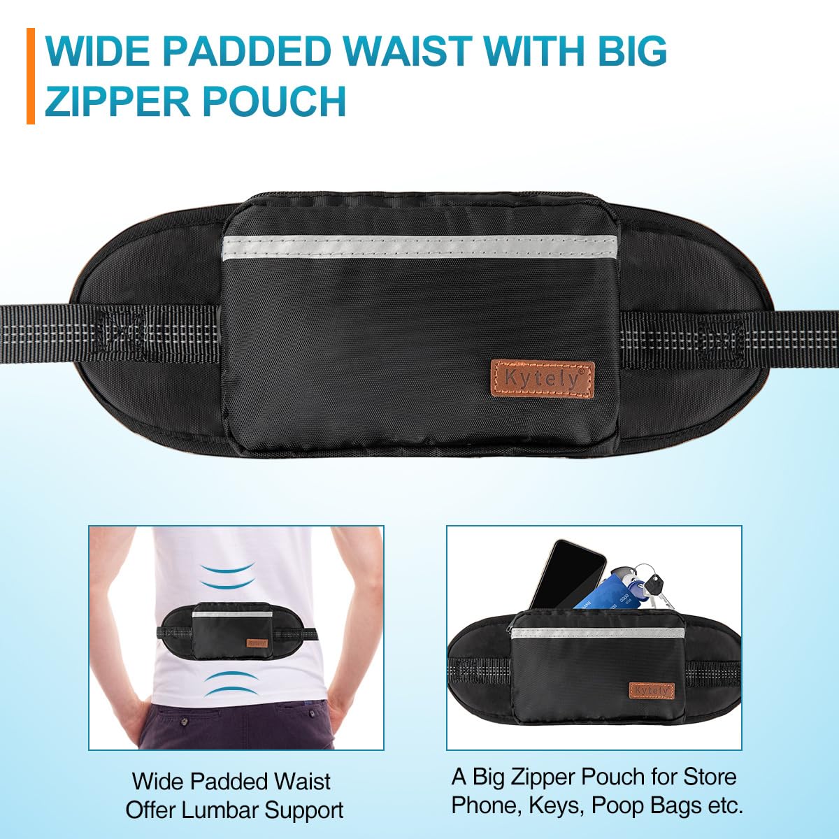 Kytely Hands Free Dog Leash With Zipper Pouch, Wide Padded Waist Dog Running Leash For Medium And Large Dogs, Dual Padded Handle