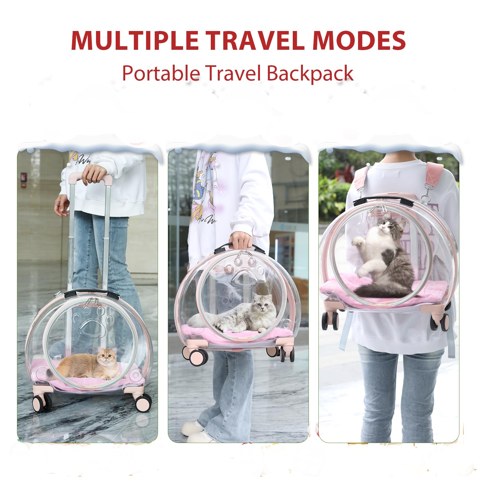 Triplehare Transparent & Fully Breathable Pet Carrier Backpack With Trolley Wheels For Dogs, Cats, Parrots Or Bunnies, Multiple