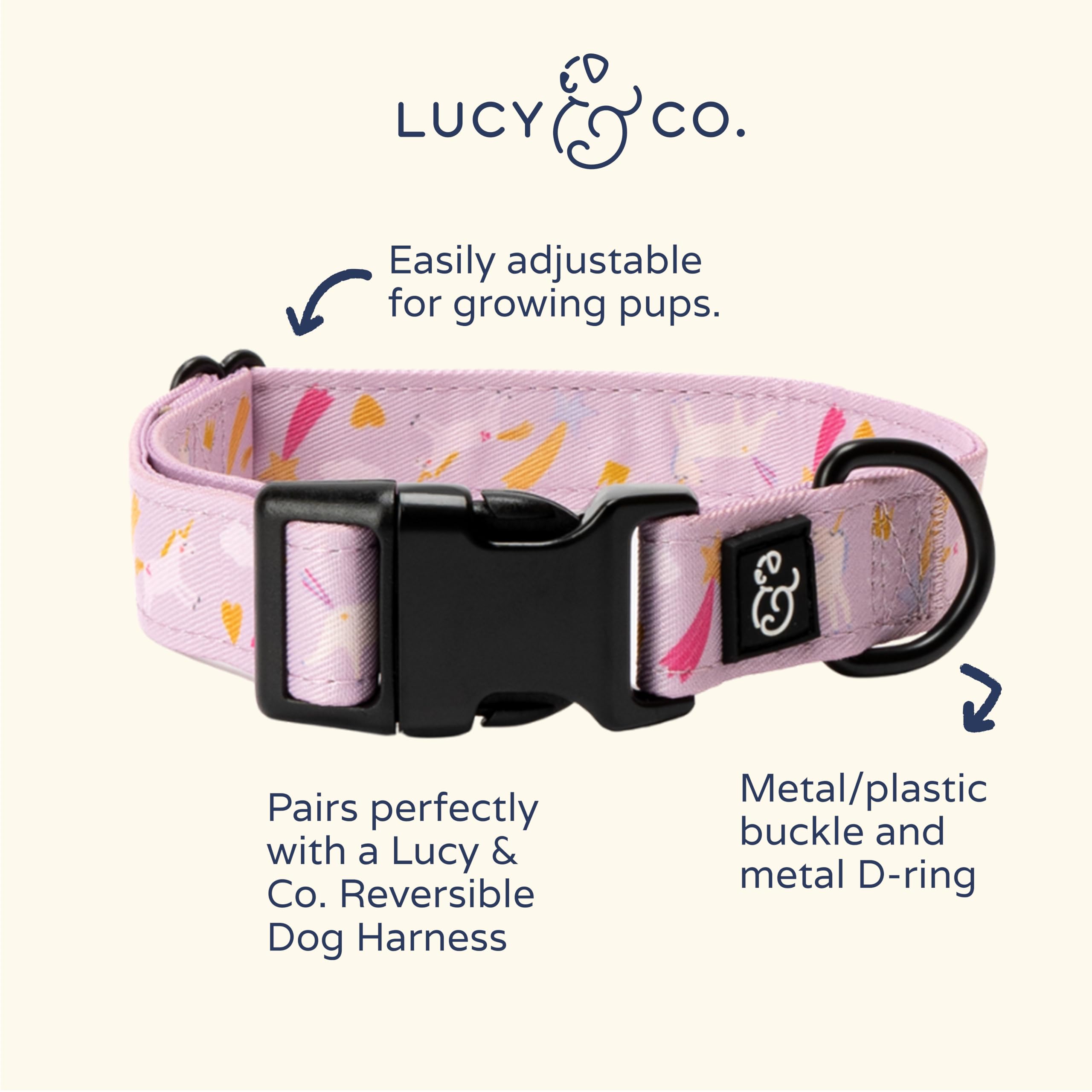 Lucy & Co. Unicorn Magic Dog Collar - Durable Lightweight Designer Collar For Pets - Adjustable Metal Safety Buckle (Medium, Pur
