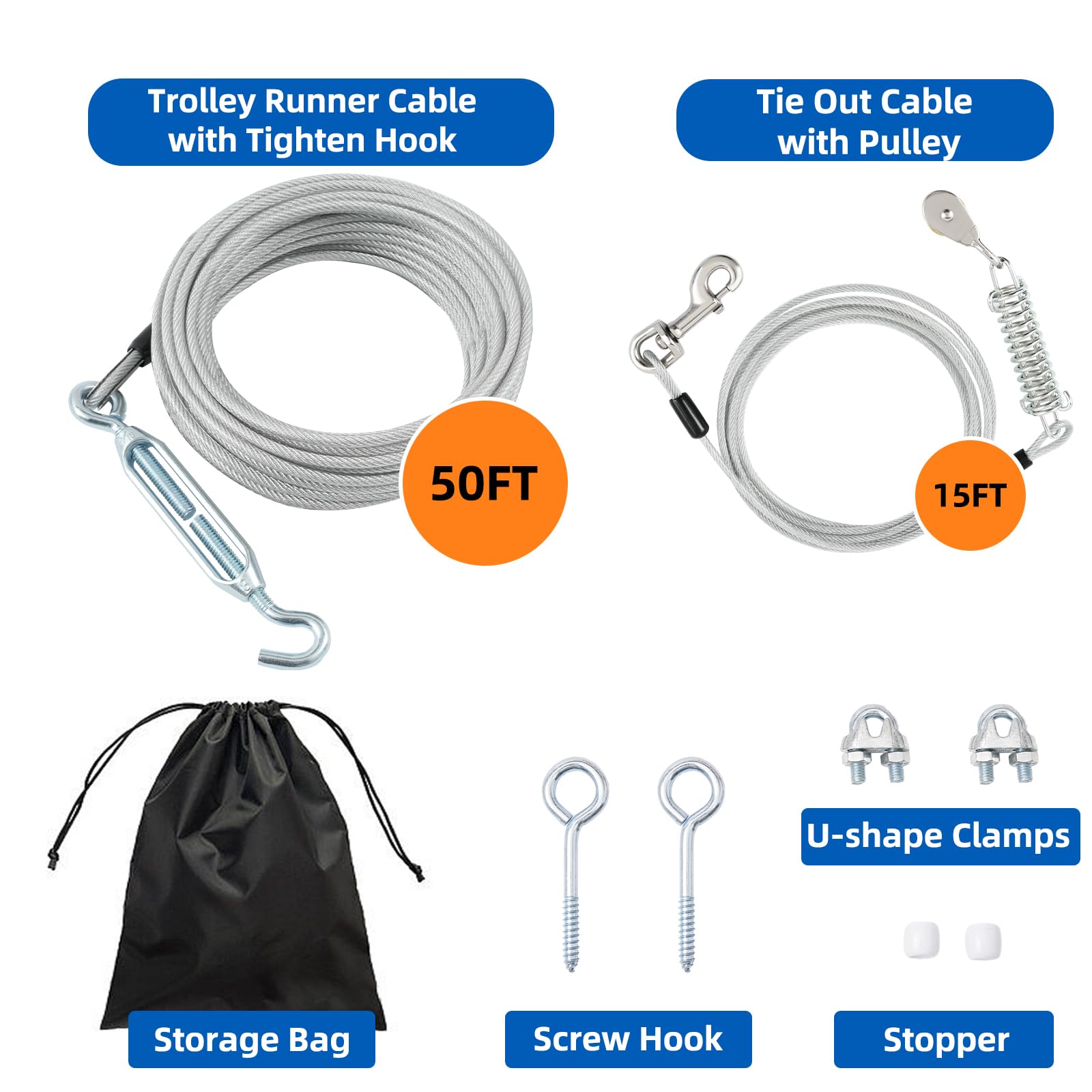 Luffwell Dog Runner - 50Ft Lead With 15Ft Pulley, Heavy Duty For Dogs Up To 250Lbs, Silver