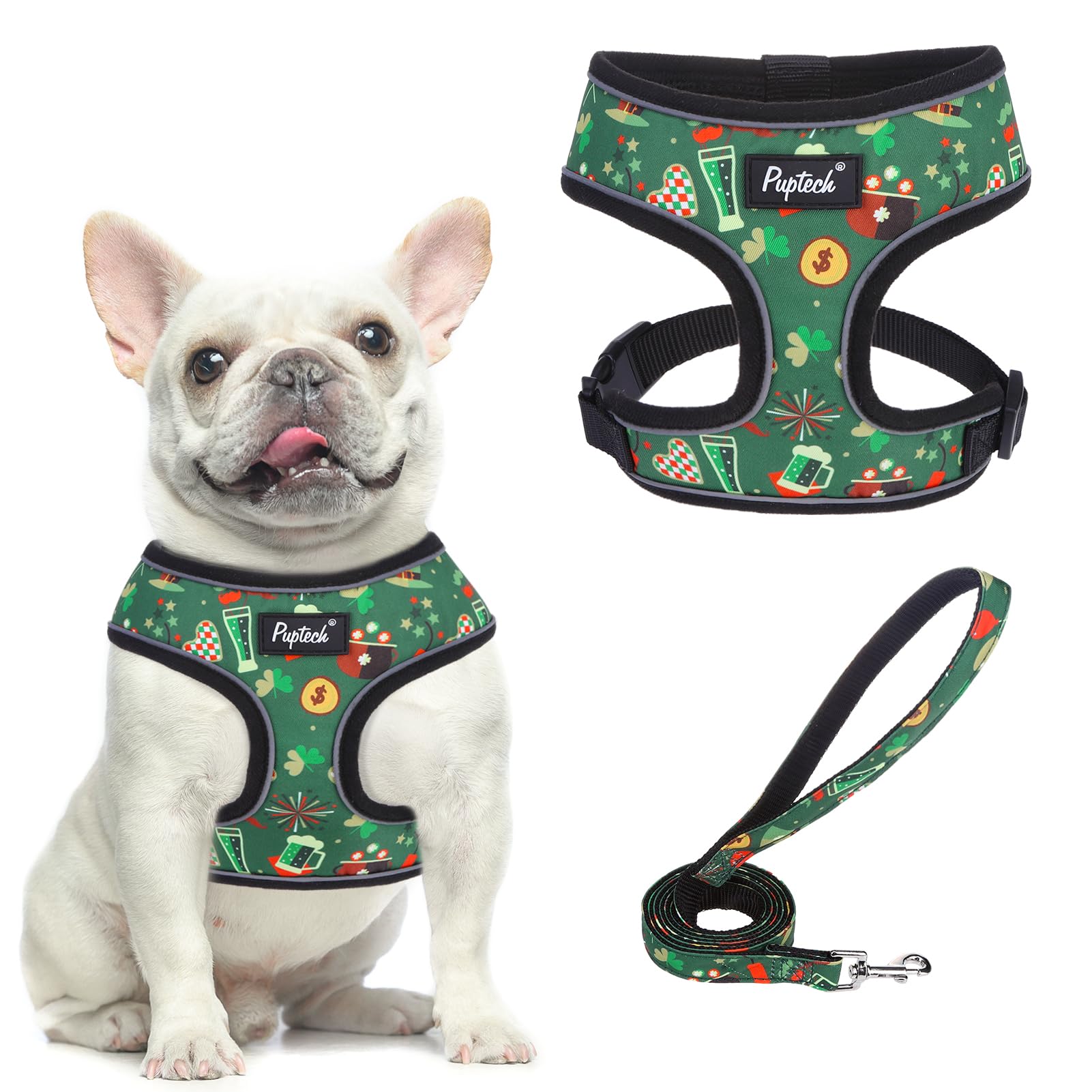 Pupteck Soft Mesh Dog Harness And Leash Set Pet Puppy Cat Comfort Padded Vest No Pull Harnesses, St. Patrick'S Deep Green, M