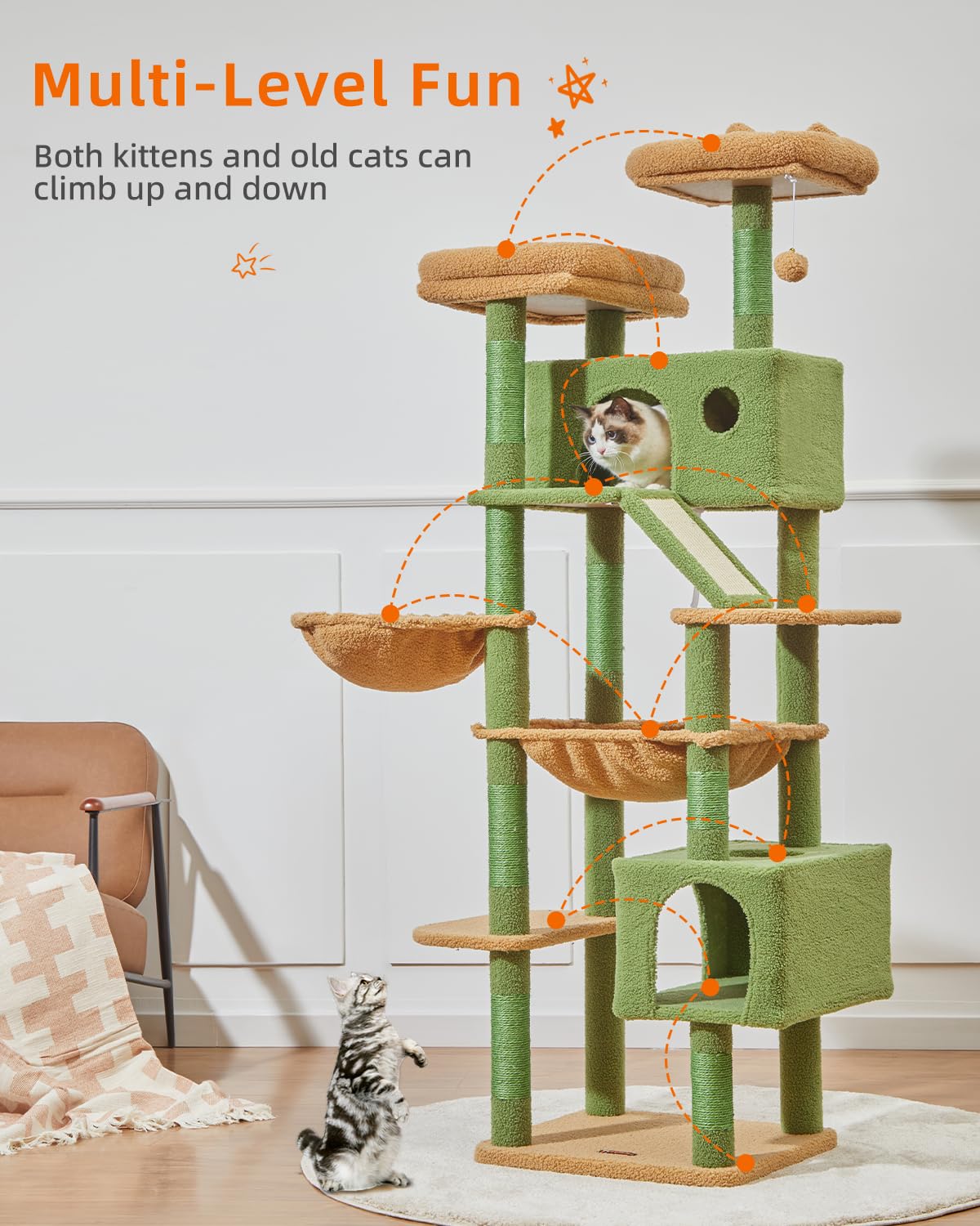 Taoqimiao Cactus Cat Tree, 71-Inch Cat Tower for Indoor Cats Large Adult, Multi-Level Large Cat Condo, 8 Sisal Scratching Posts,