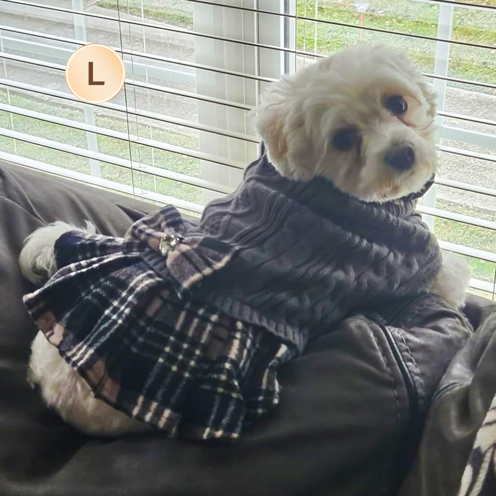 Kyeese Dog Sweater Dress With Bowtie Checkered Turtleneck Dog Sweaters For Small Dogs Warm Pet Sweater Knitwear Grey