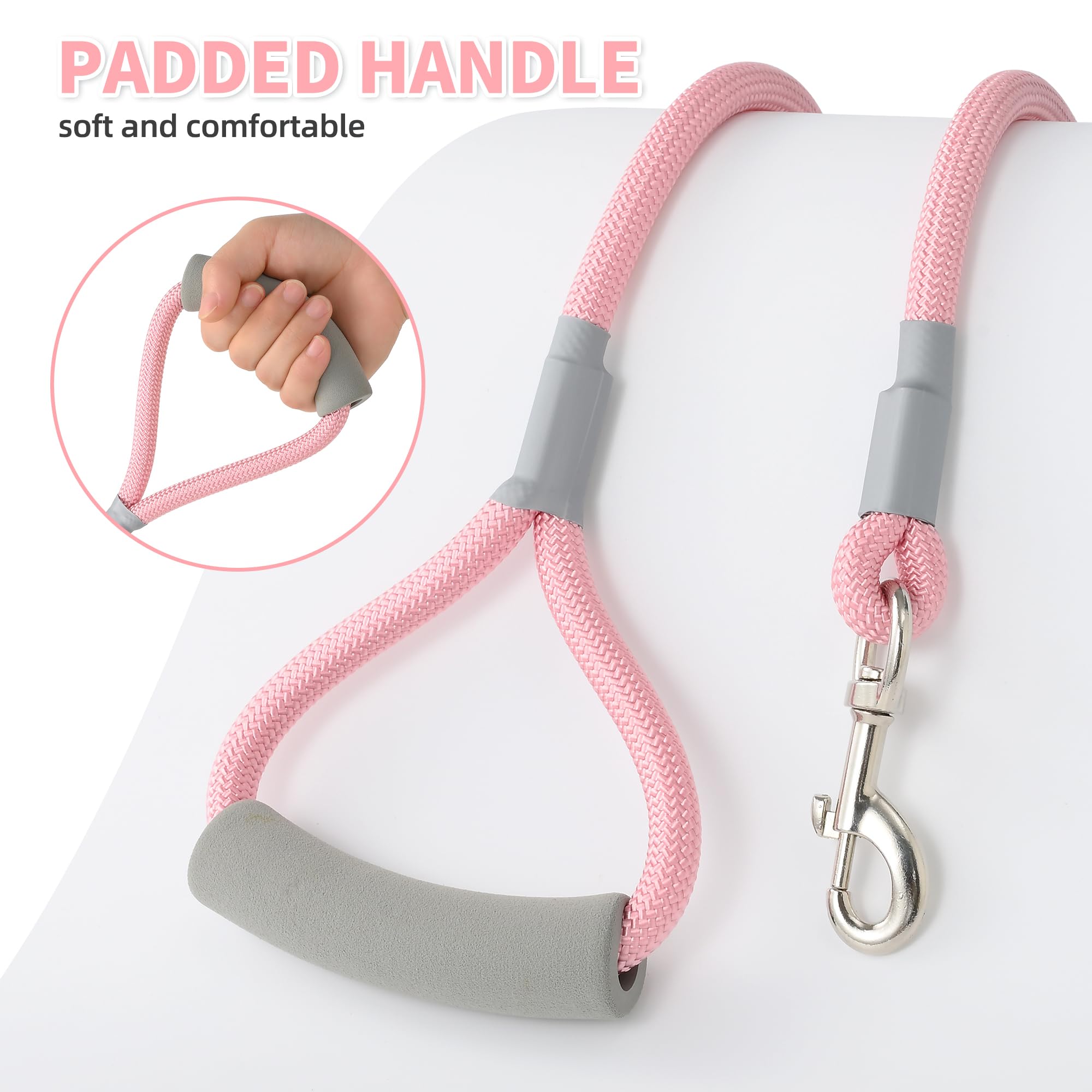 Mile High Life Dog Leash, With Comfortable Padded Handle, Pink Nylon Rope Leash With Steel Tips, Heavy Duty 5 Feet Pet Leashes (
