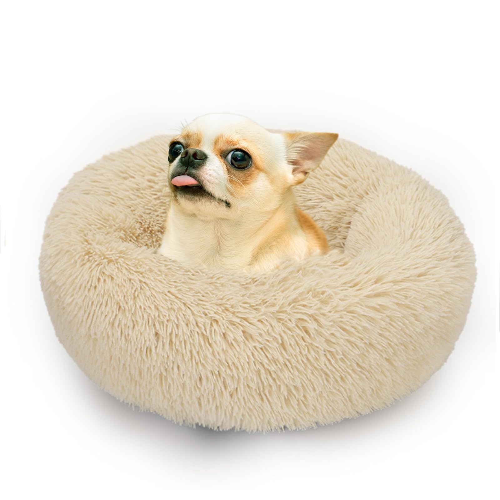 Small Dog Bed White Cream,Calming Dog Bed for Small Dogs,19 inches Donut Fluffy Pet Beds,Anti Anxiety Round Fits up to 10 lbs So