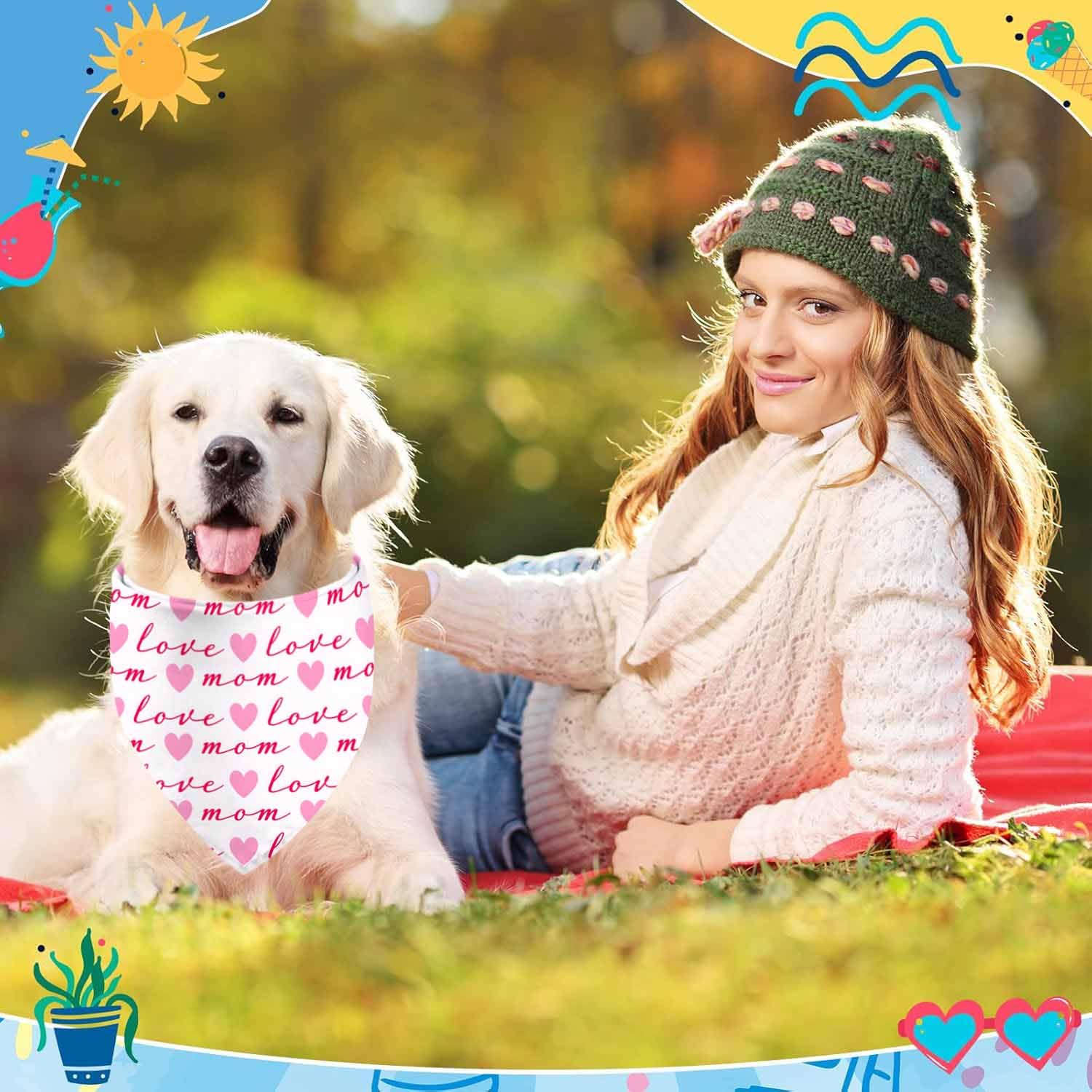 Mothers Day Dog Bandanas 2 Pack, Reversible I Love My Mom Pet Scarf For Boy And Girl, Valentines Day Bandana For Small Medium La