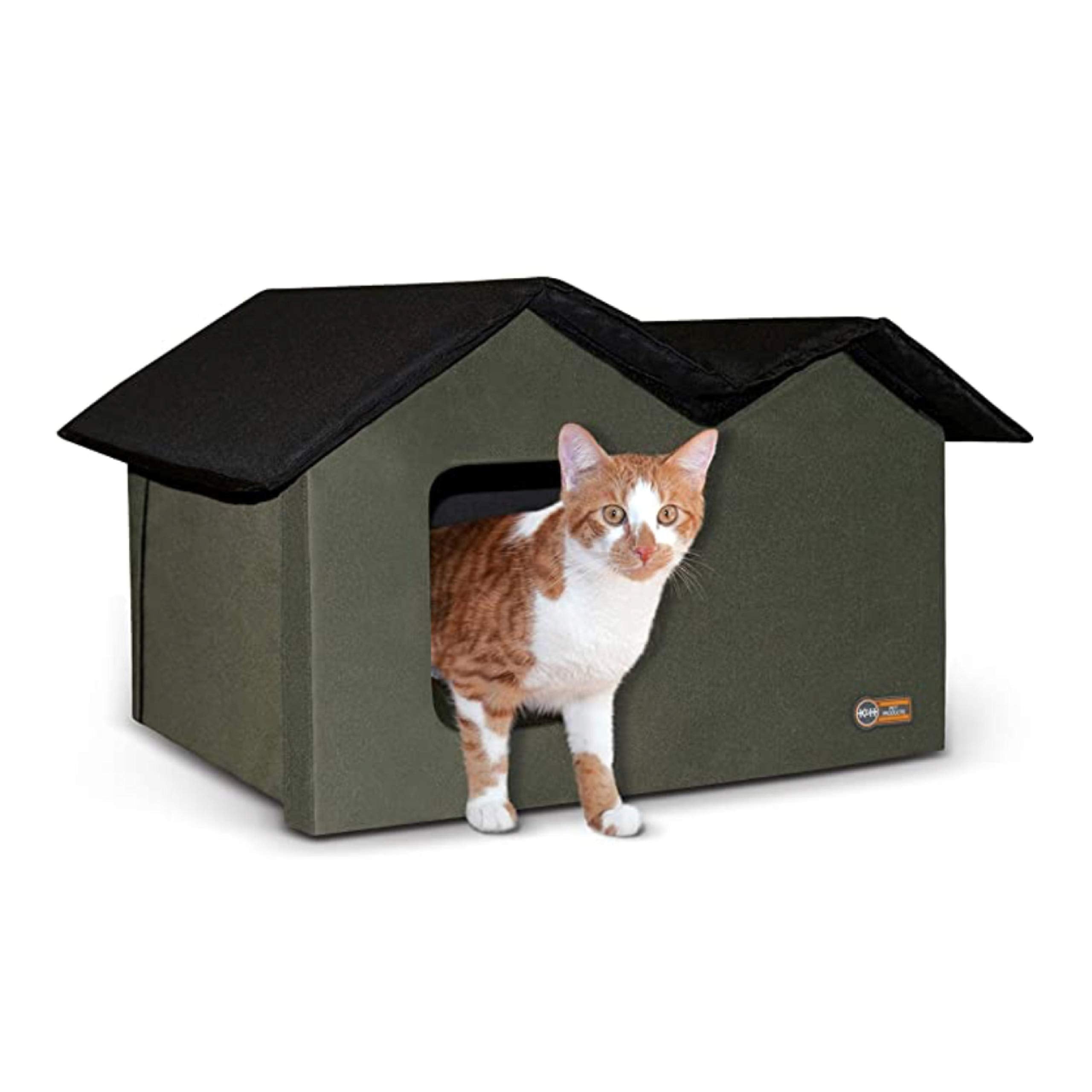 K&H Pet Products Outdoor Cat House Extra-Wide Unheated Cat Shelter For Two, Olive, 26.5 X 21.5 X 15.5 Inches