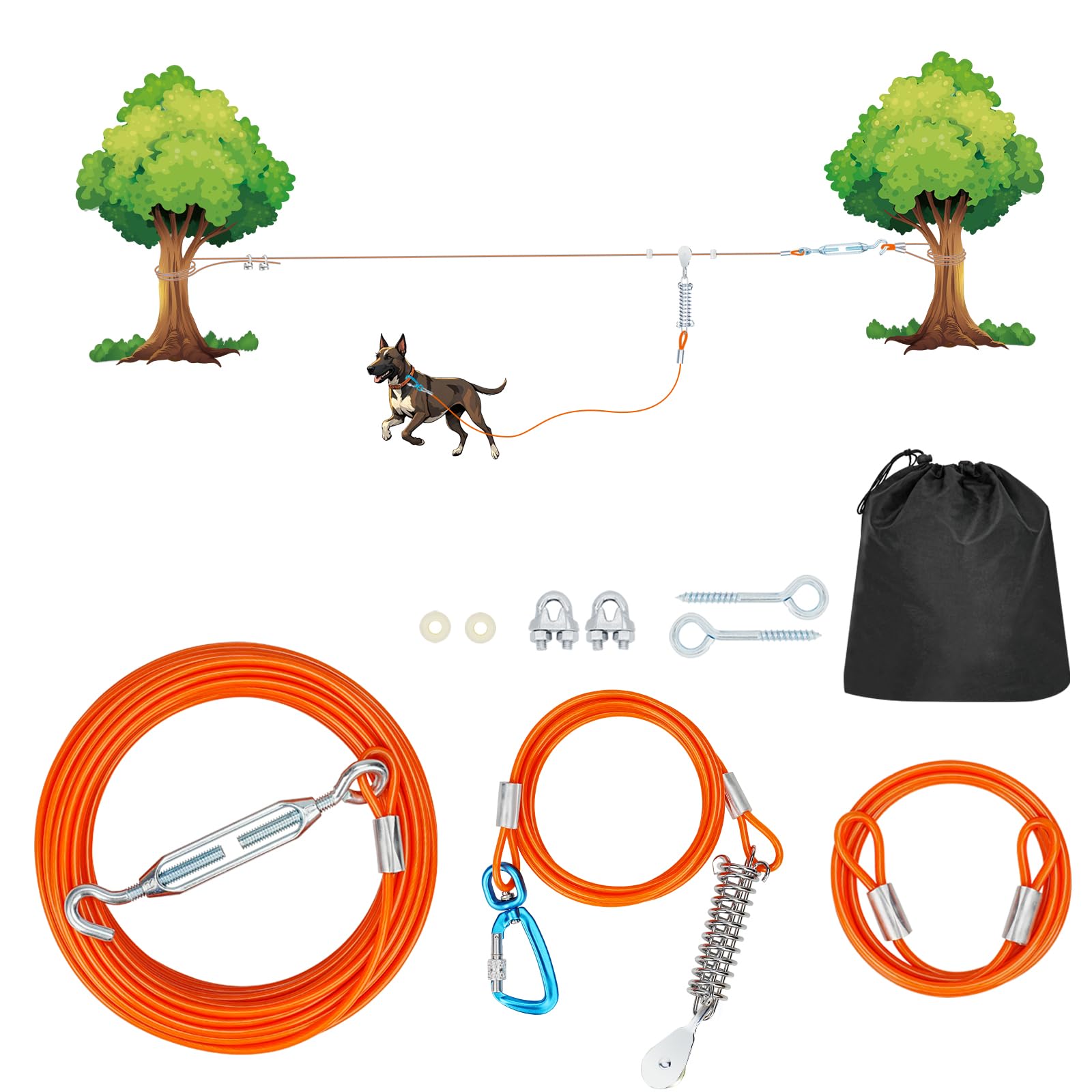 Dog Runner For Yard Large Dog Heavy Duty 50Ft With Double Shock Absorbers Tangle-Free Aerial Trolley System For Large Dogs Up To