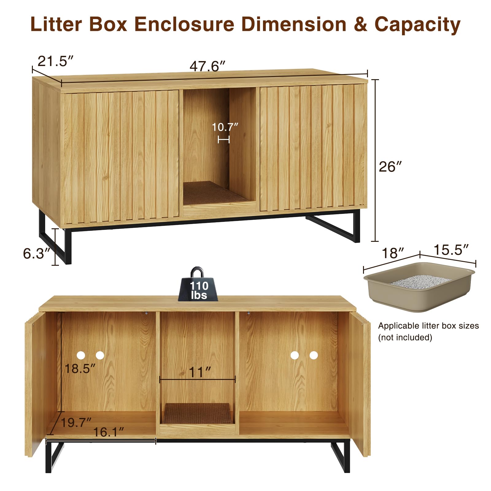 Cat Litter Box Enclosure For 2 Cats, 47.6 Litter Box Furniture Hidden With Cat Scratch Pad, Double Room Large Cat Cabinet, Indoo