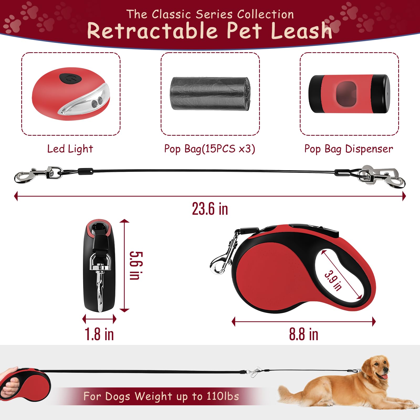 26Ft Retractable Dog Leash for Dog Up to 110lbs, Tangle Free Walking Leash, Heavy Duty Nylon Tape with Chew Proof Cable | LED Li