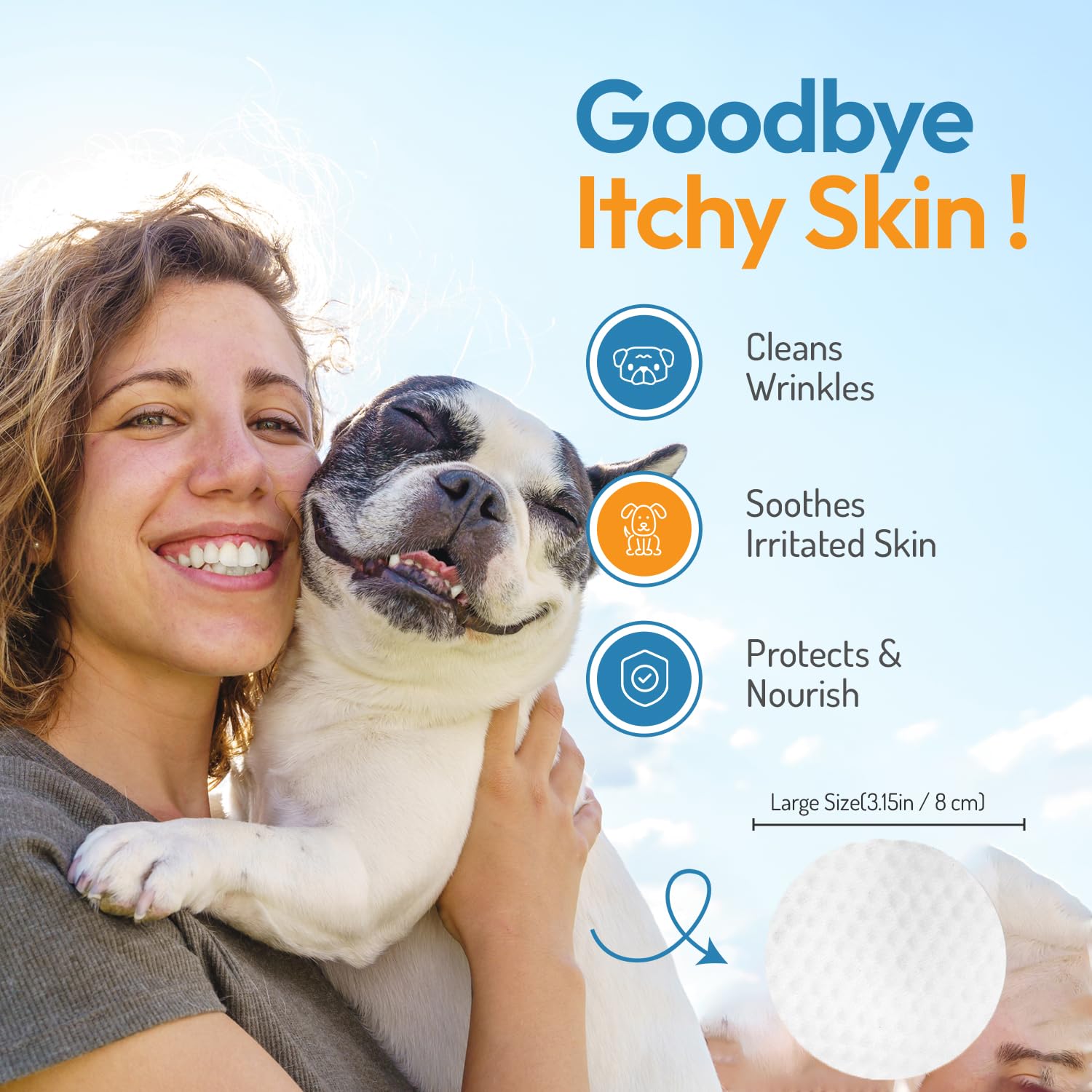 Bulldog Wrinkle Wipes for Dogs - Deodorizing & Soothing with Honeysuckle Extract - Non-Irritating, Cleans Wrinkles, Folds, Paws