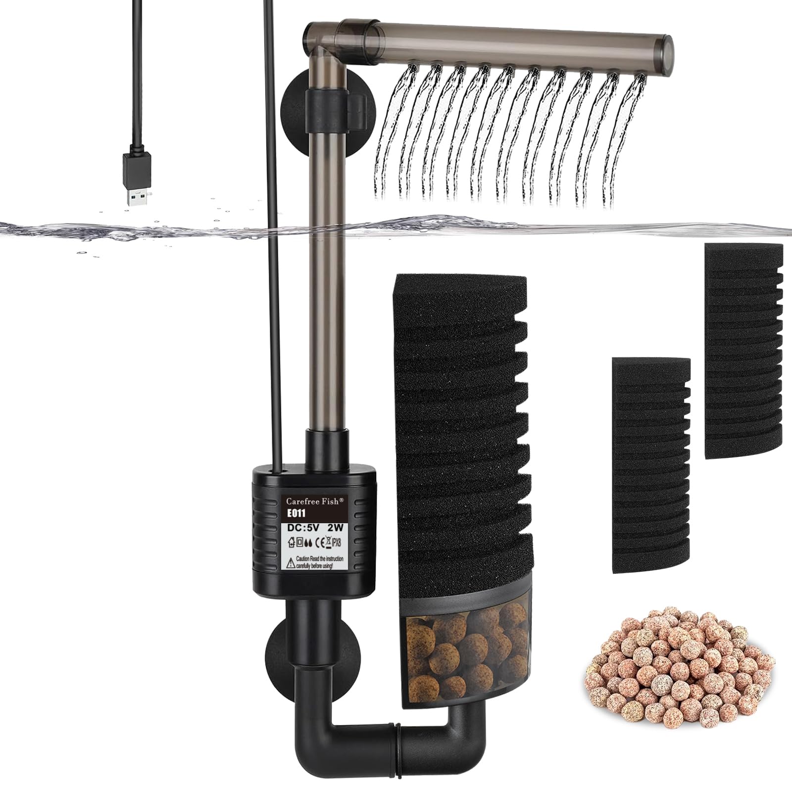 Carefree Fish Aquarium USB Filter Sponge Fish Tank Quiet Bubble Filter with 2 Sponges and 1 Bag of Filtered Ceramic Balls for Sa