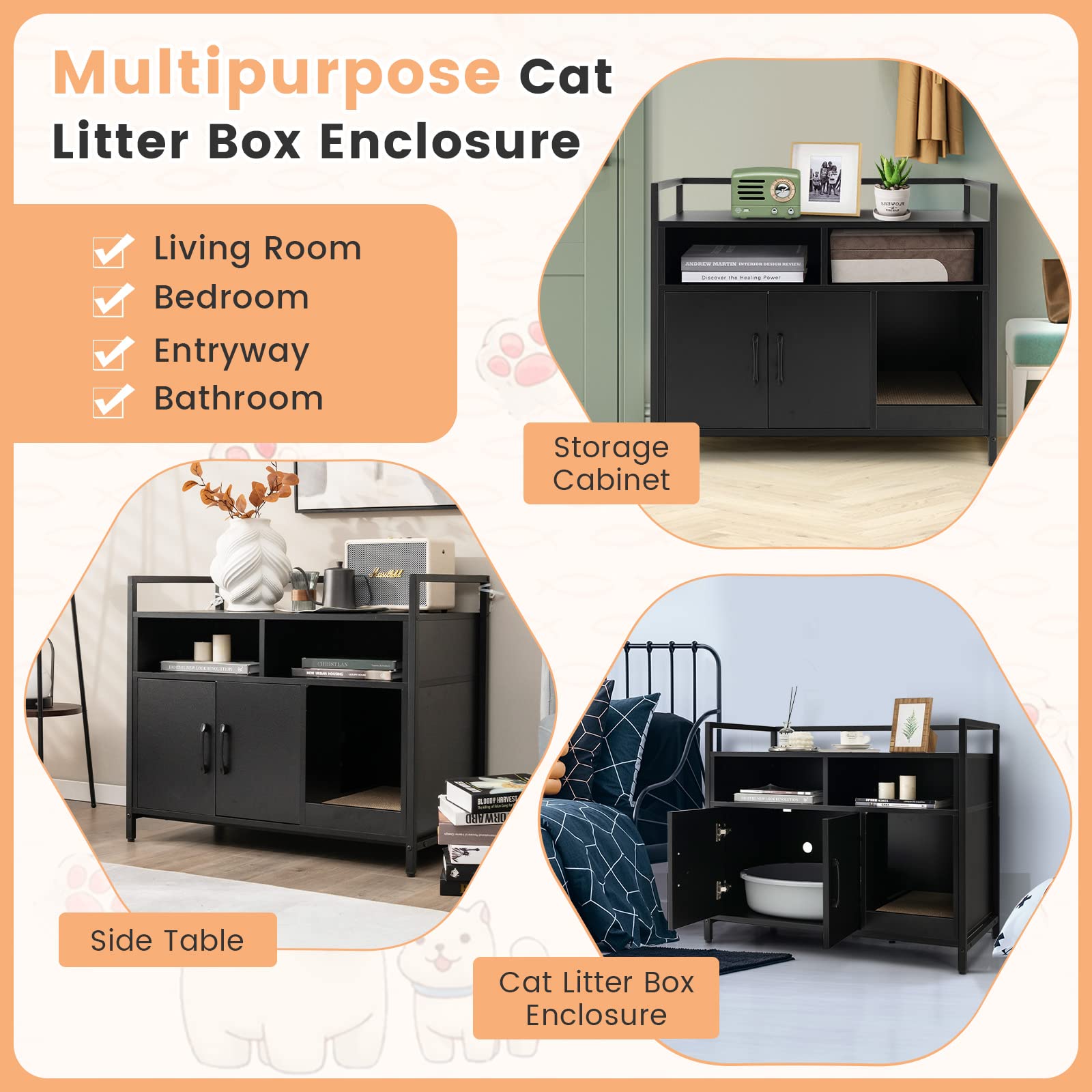 Petsite Cat Litter Box Enclosure, Litter Box Cabinet With Cat Scratcher, 2-Door Storage Cabinet, 2 Open Compartments And Air Vents, Wooden Hidden Litter Box Furniture, Black