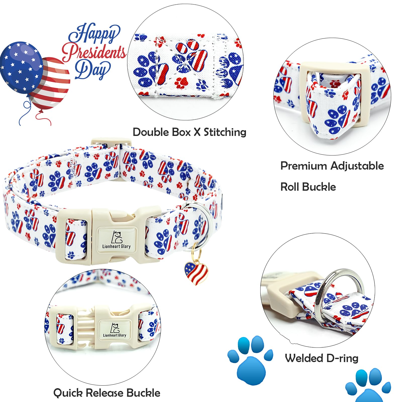 Lionheart Glory American Flag Dog Collar, 4 Of July Patriotic Independence Day Dog Collar Heavy Duty Adjustable Dog Collars For
