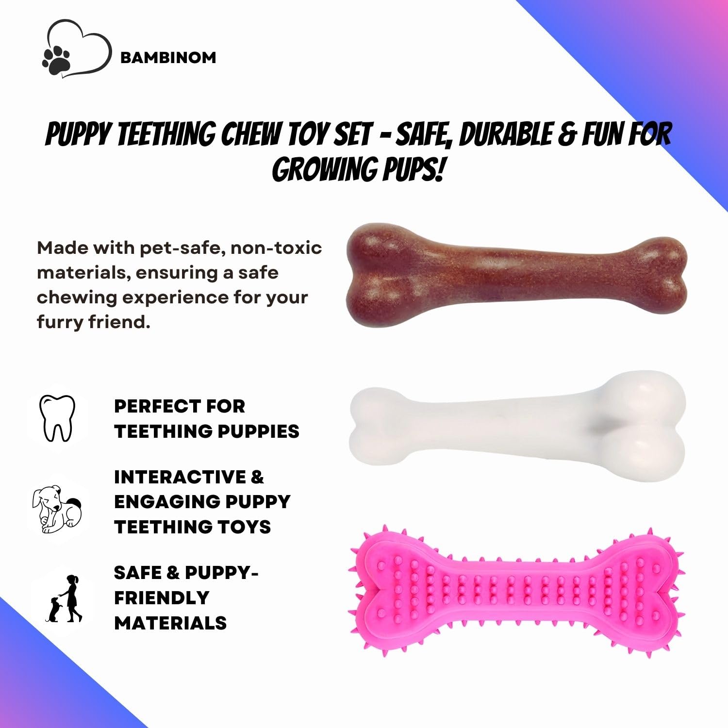 Bambinom Durable Dog Bone Chew Toy For Small Breeds, Squeaky, Puppy Chew Bone, Supports Dental Health & Teething Relief, 4.5   ,