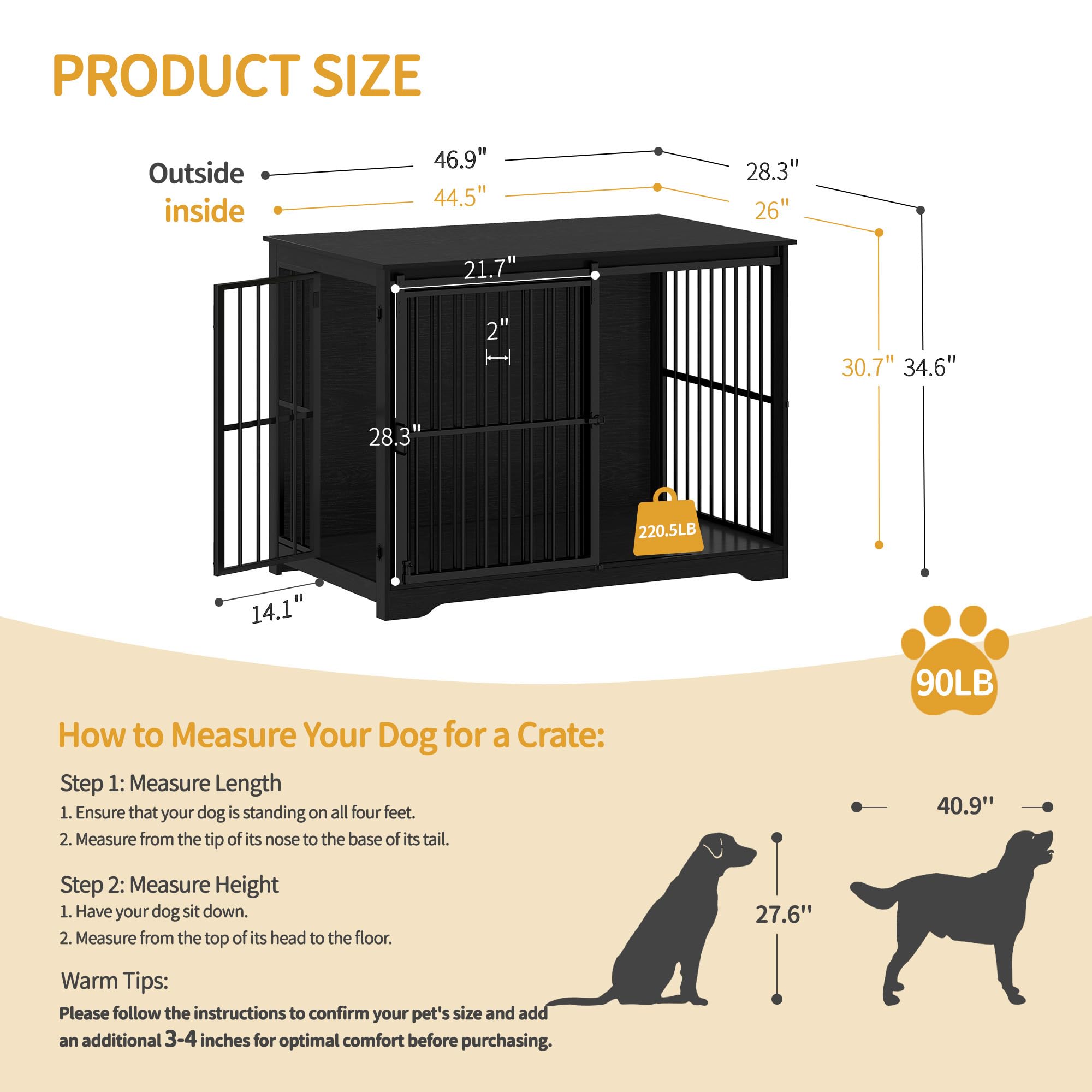 Hzuaneri XXL Large Dog Crate - Heavy Duty Wooden Kennel with Barn Door, 46.9" x 28.3" x 34.6", Black, Model DFC