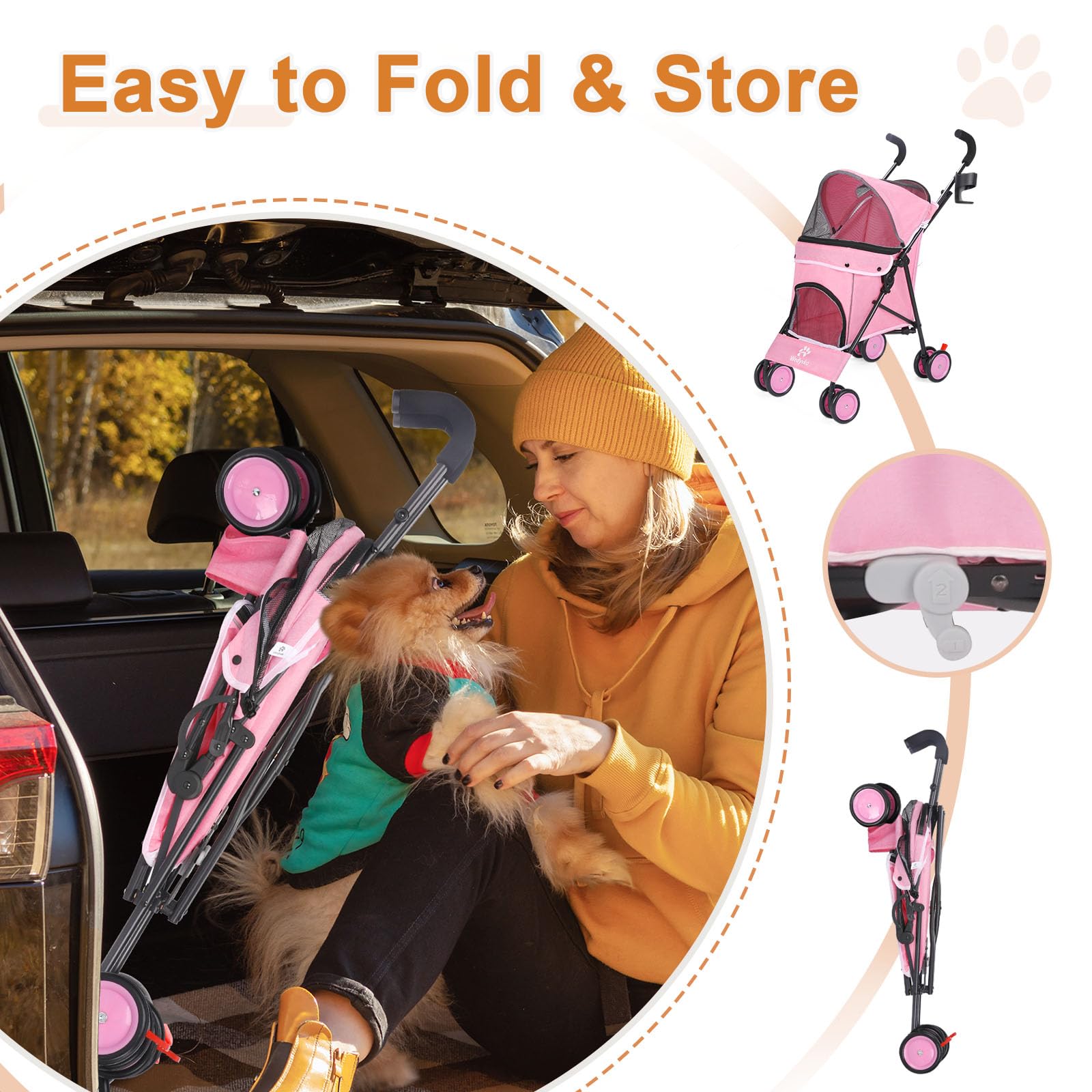 Umbrella Dog Stroller, 4 Wheels Pet Strolling, Foldable Carrier Pet Stroller for Small Dogs Cats, with Carrying Strap and Cup Ho