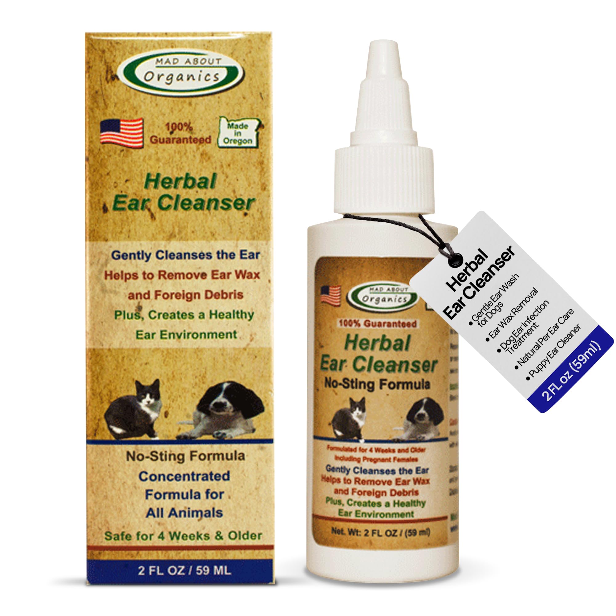 Mad About Organics Herbal Ear Cleanser for Dogs & Cats - No-Sting Formula Gently Cleanses Ears, Removes Wax & Debris, Supports H