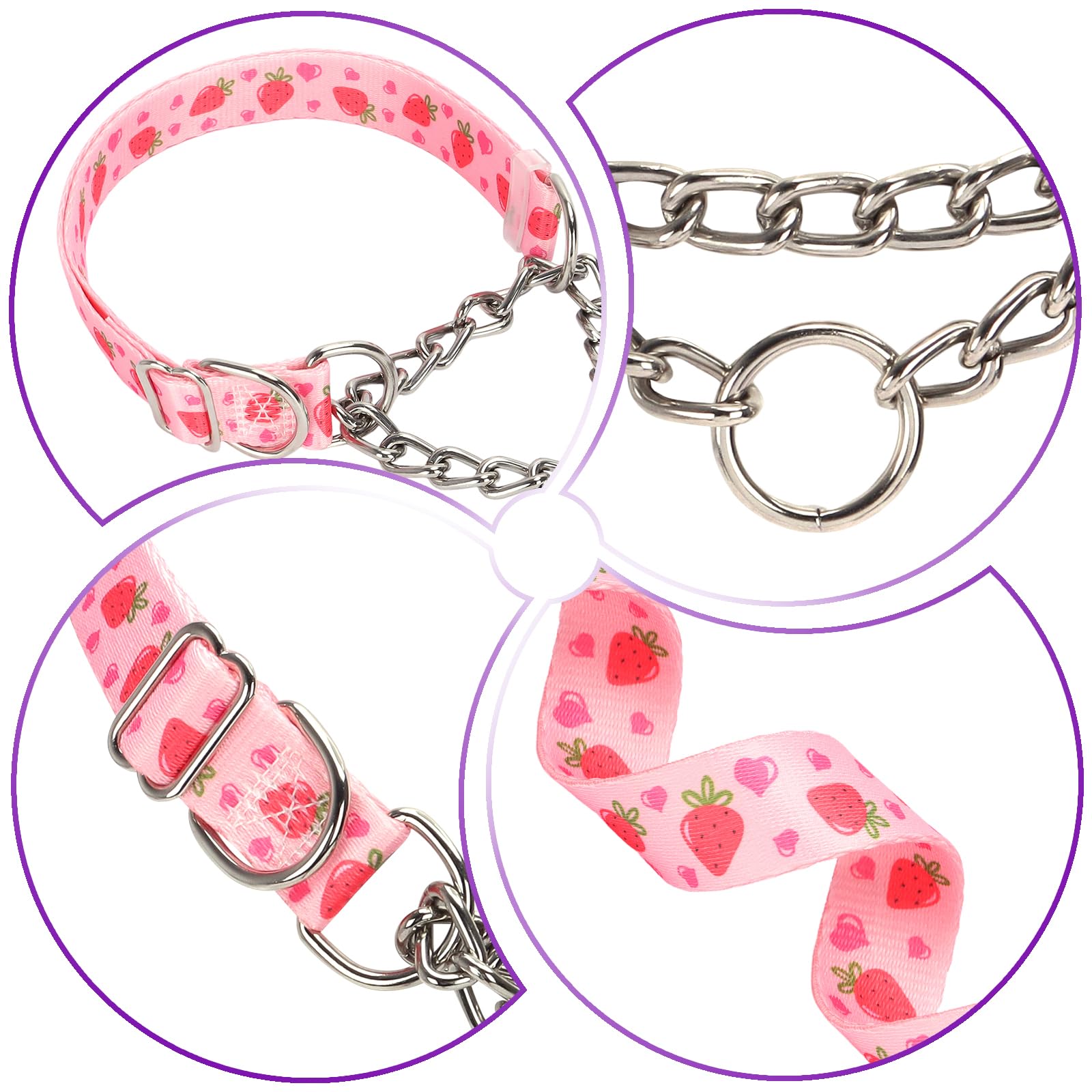 Martingale Dog Collar With Chain, No Pull Slip Cinch Choker Choke Collar Pink Strawberry Duty Dog Collar For Medium Large Extra
