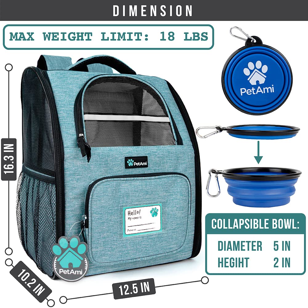Petami Dog Backpack Carrier For Small Large Cat, Pet, Puppy, Ventilated Pet Hiking Backpack Travel Bag, Airline Approved Cat Backpack Carrier, Camping Biking Dog Bag Up To 18Lbs Pet, Teal Turquoise