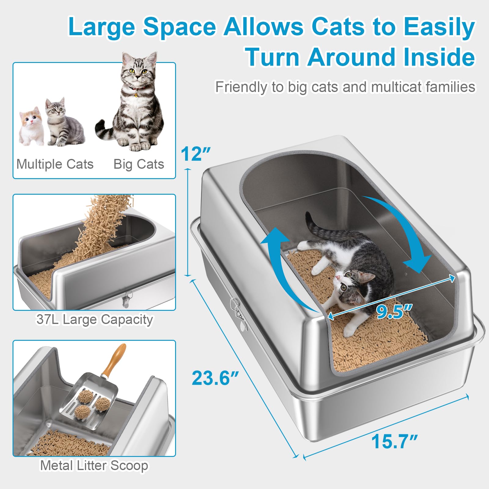 Paulmele 12'' High Sides Xl All Stainless Steel Cat Litter Box With Lid,Deep Metal Litter Box For Big Cats,Extra Large Litter Bo