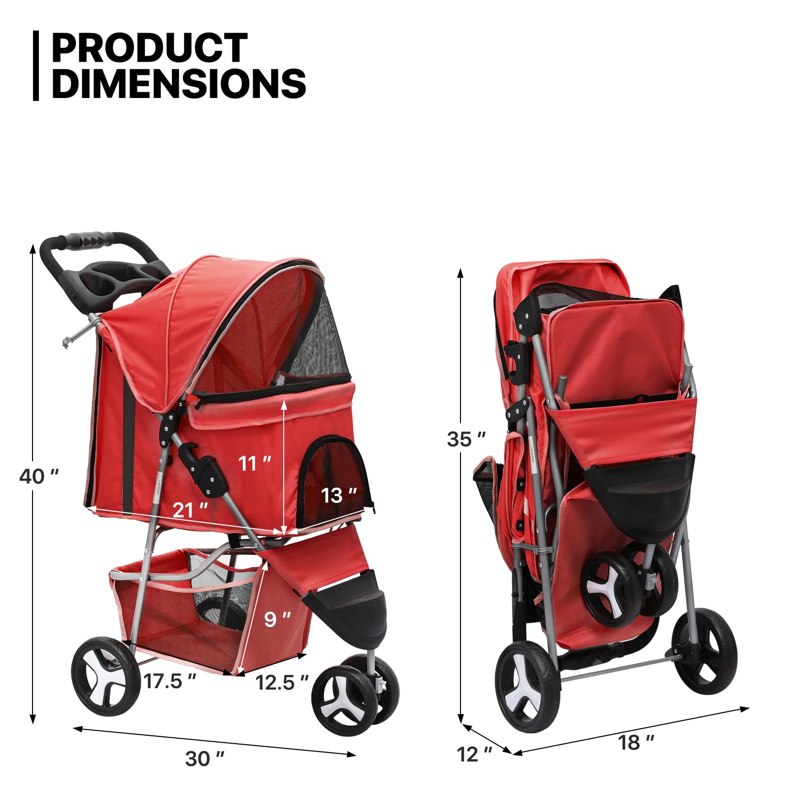 Monibloom 3 Wheels Pet Stroller, Foldable Puppy Cage Jogger Stroller With Weather Cover For All-Season, Storage Basket And Cup Holder, Breathable And Visible Mesh For Small/Medium Pets, Red